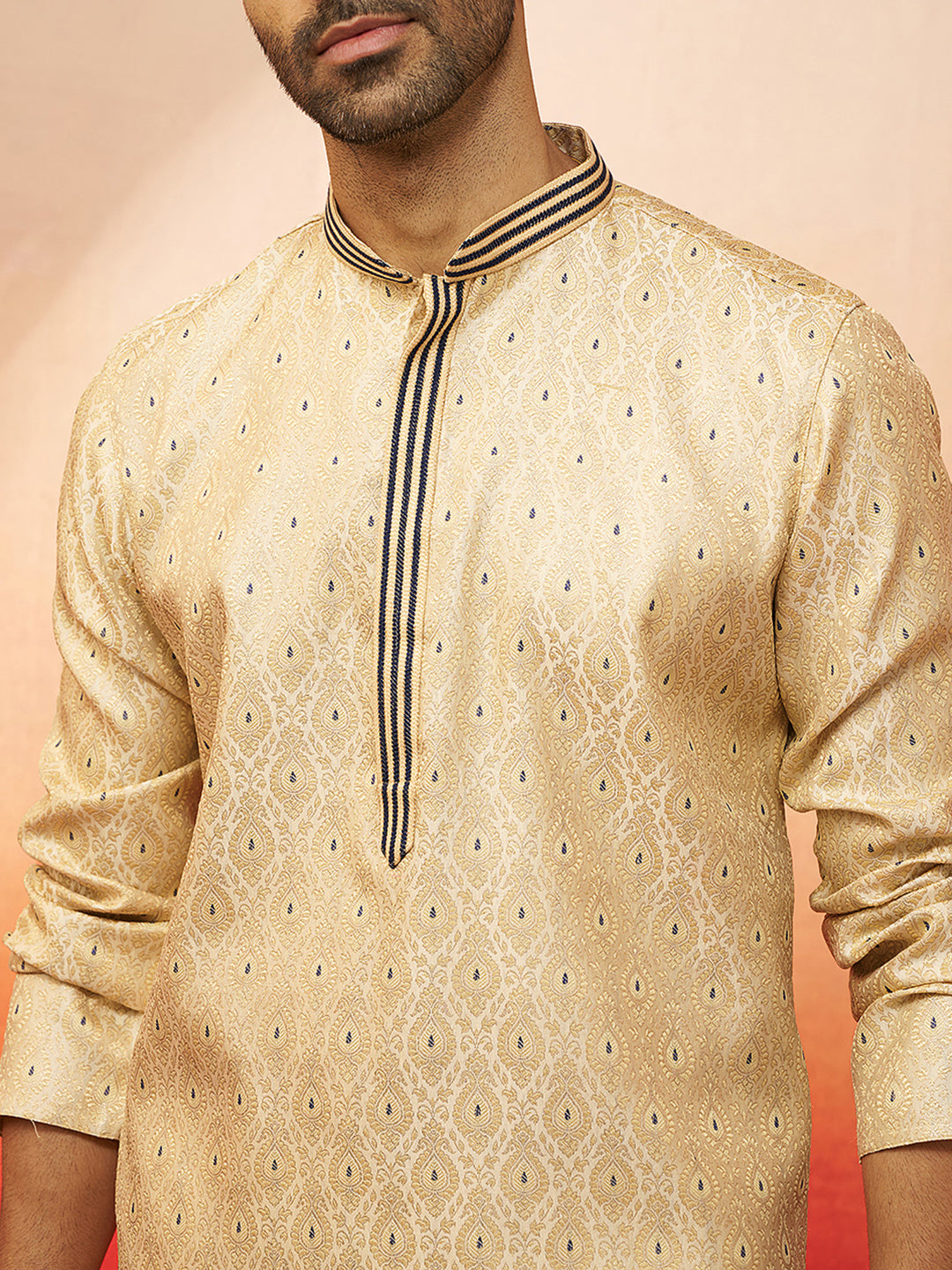 Men's Cream Royal Blue Embroidered Kurta with Pyjama