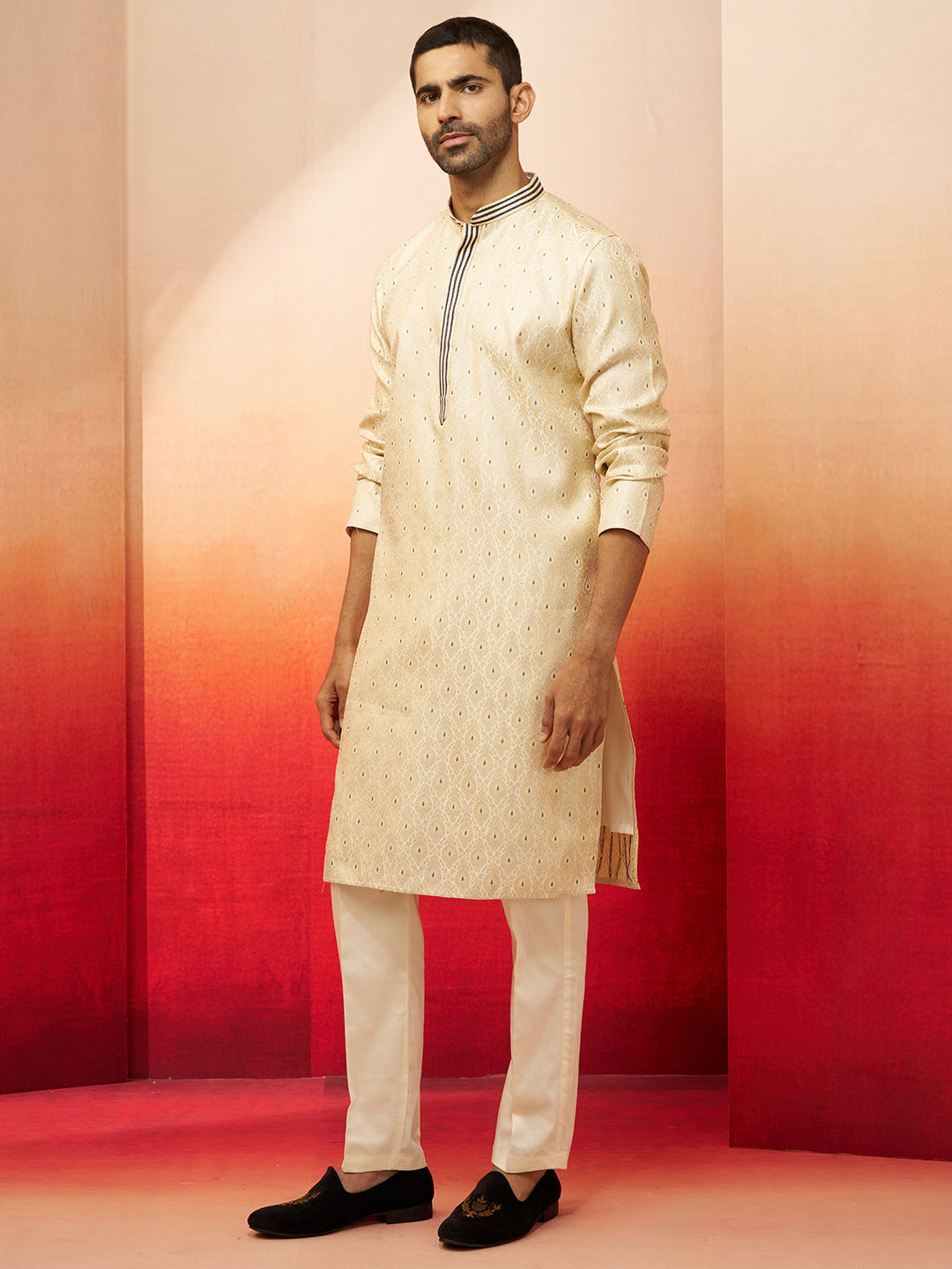 Men's Cream Royal Blue Embroidered Kurta with Pyjama