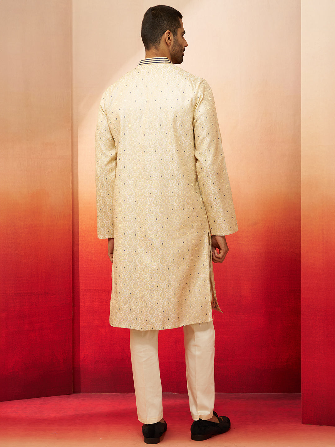 Men's Cream Royal Blue Embroidered Kurta with Pyjama