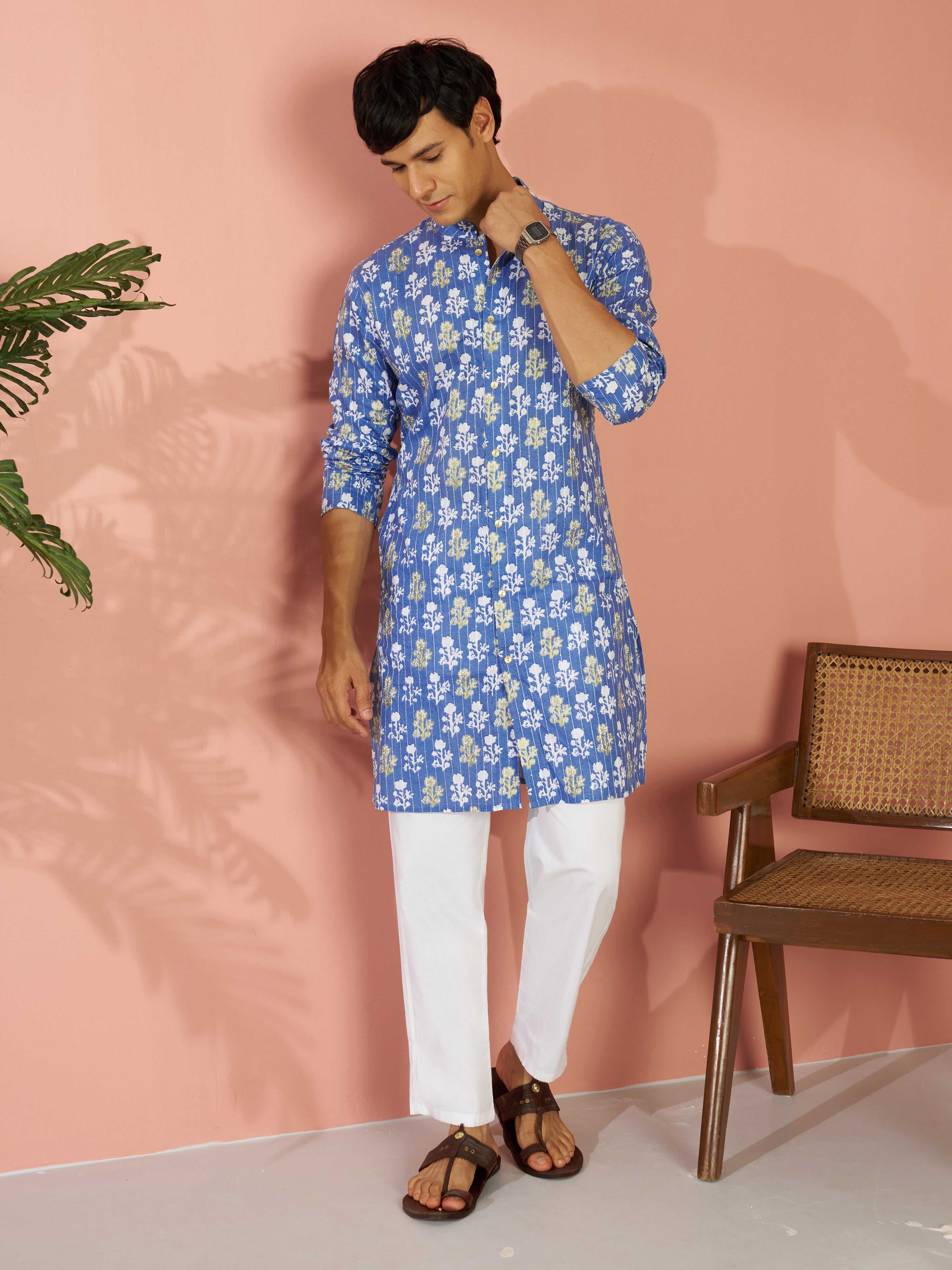 Men's Blue Silk Cotton Blend Floral Printed Thread Embroidered Mid-Length Kurta
