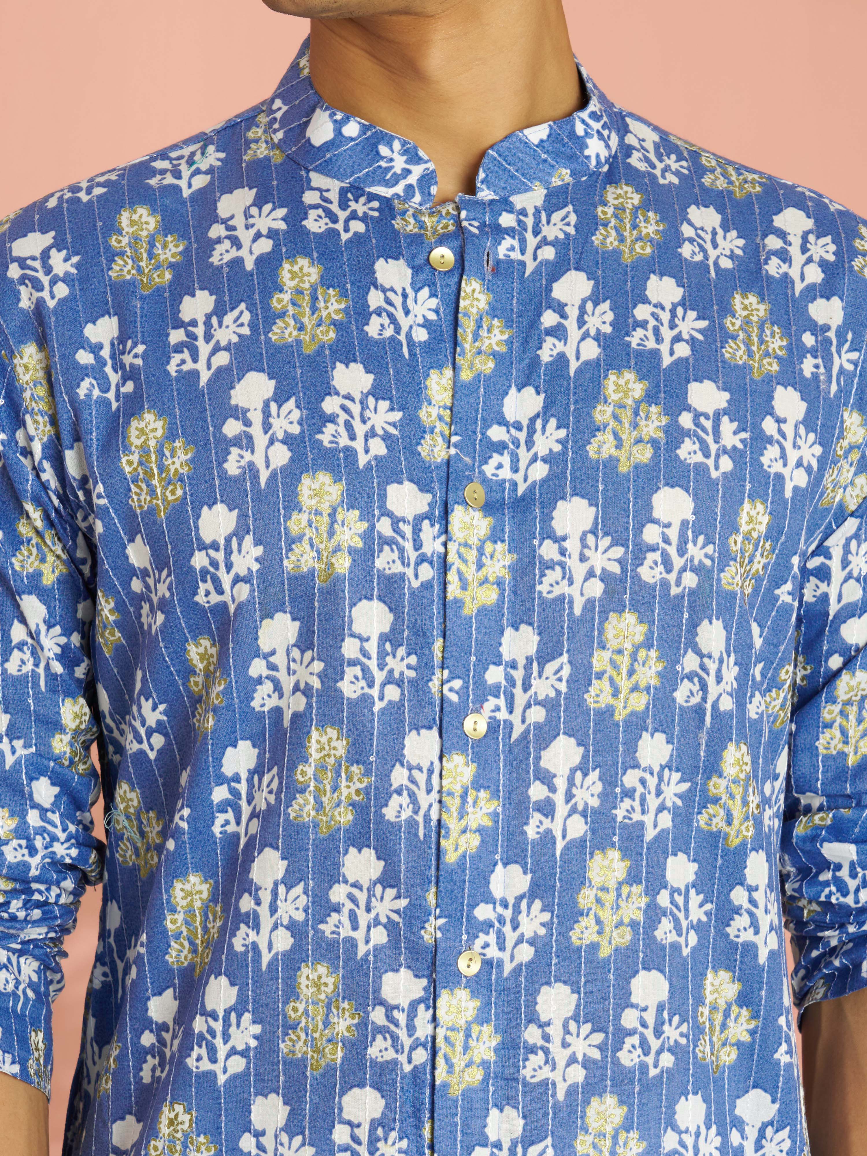 Men's Blue Silk Blend Floral Printed Embroidered Kurta with White Pyjama Set