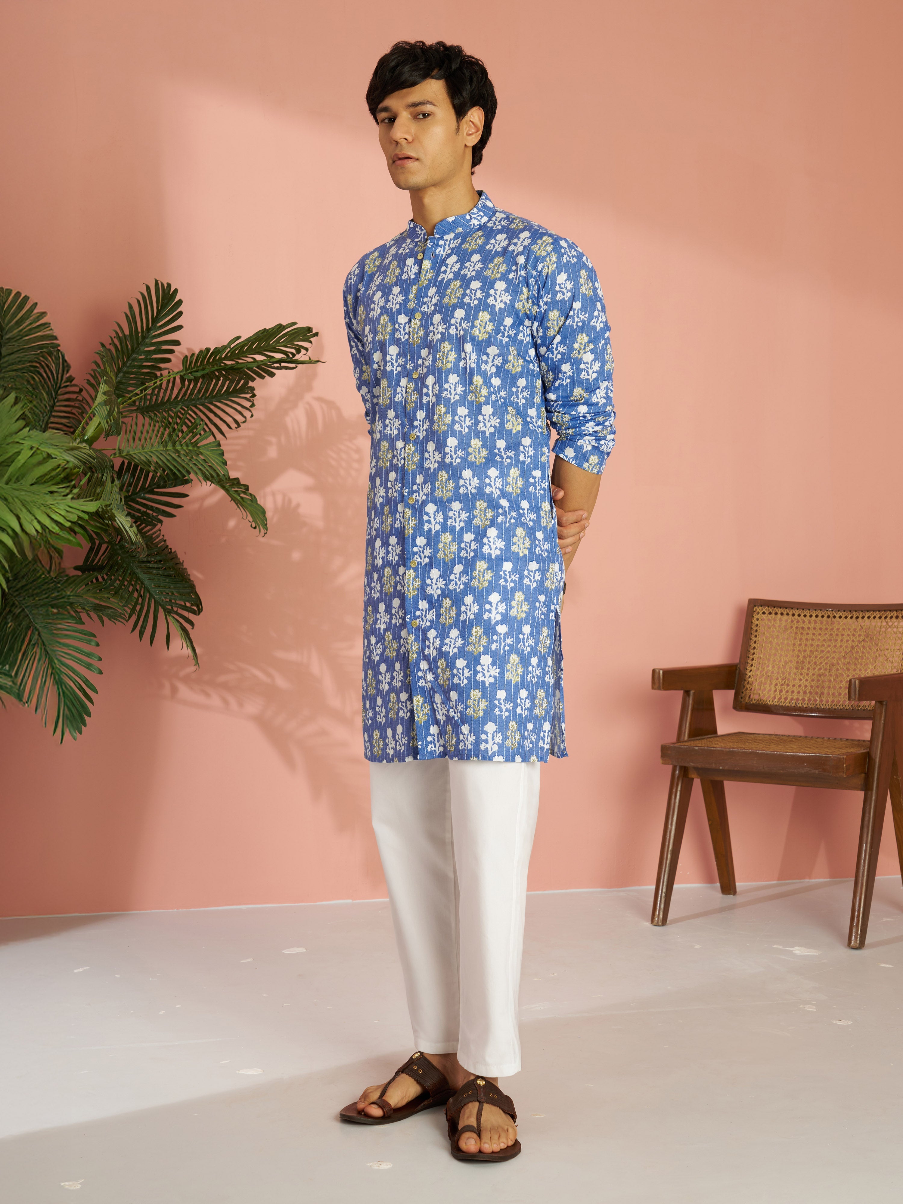 Men's Blue Silk Blend Floral Printed Embroidered Kurta with White Pyjama Set