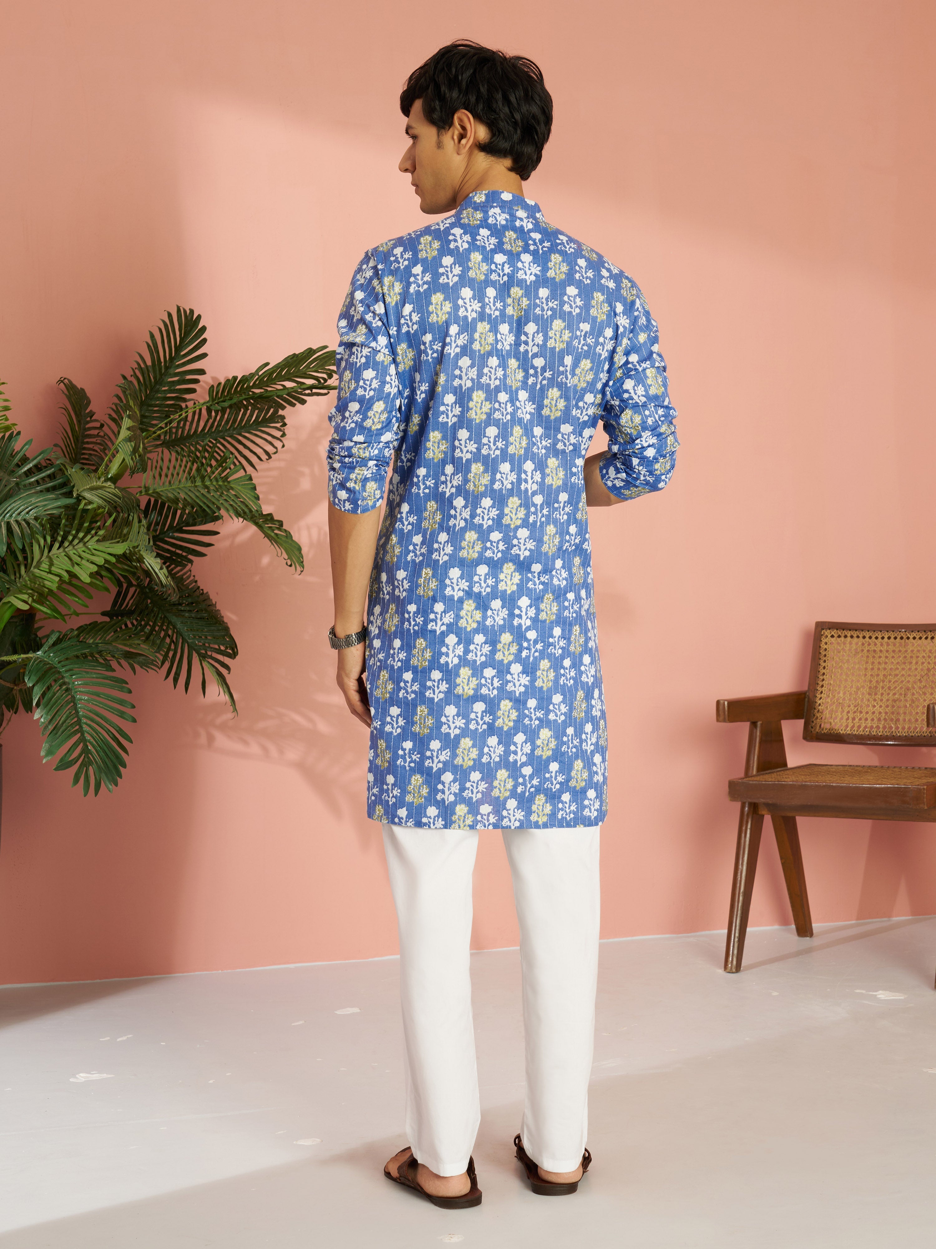 Men's Blue Silk Blend Floral Printed Embroidered Kurta with White Pyjama Set