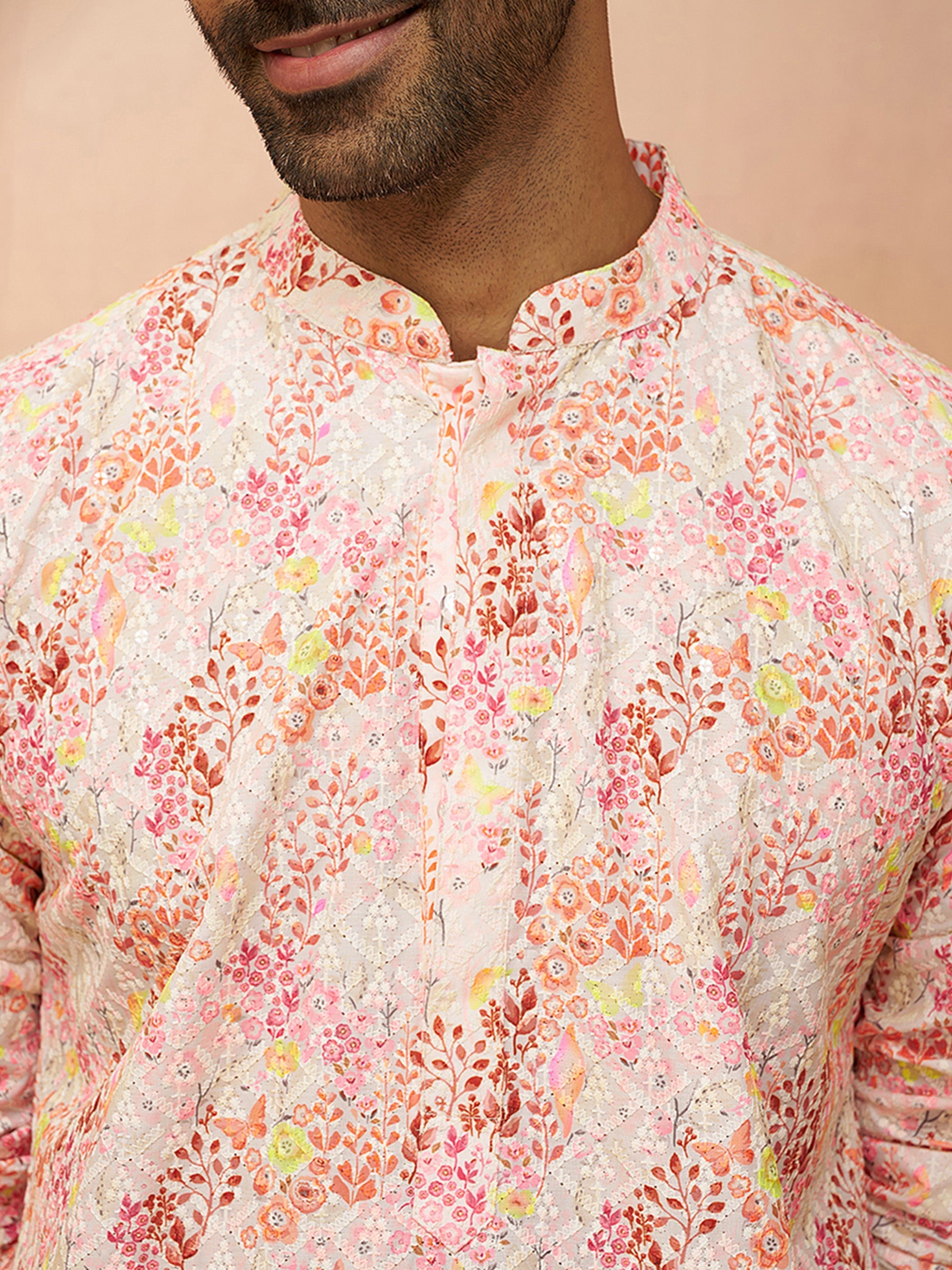Men Multi Color Cotton Floral Sequin Kurta