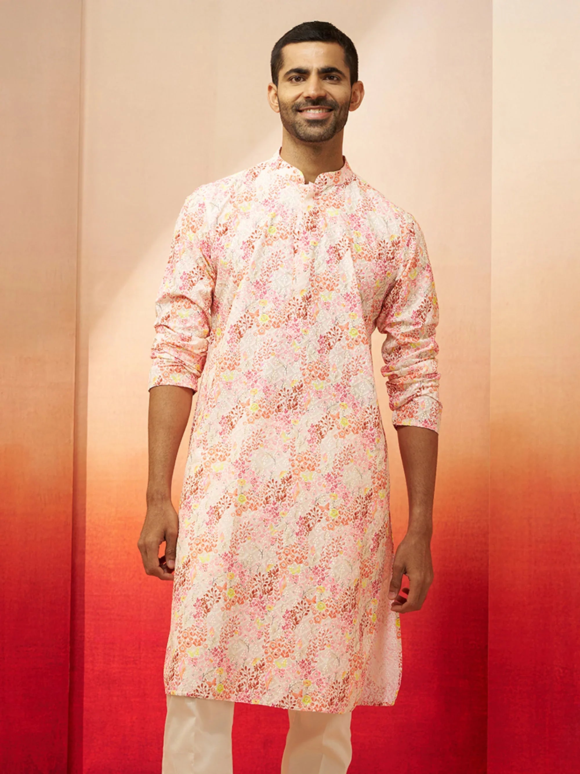 Men Multi Color Cotton Floral Sequin Kurta