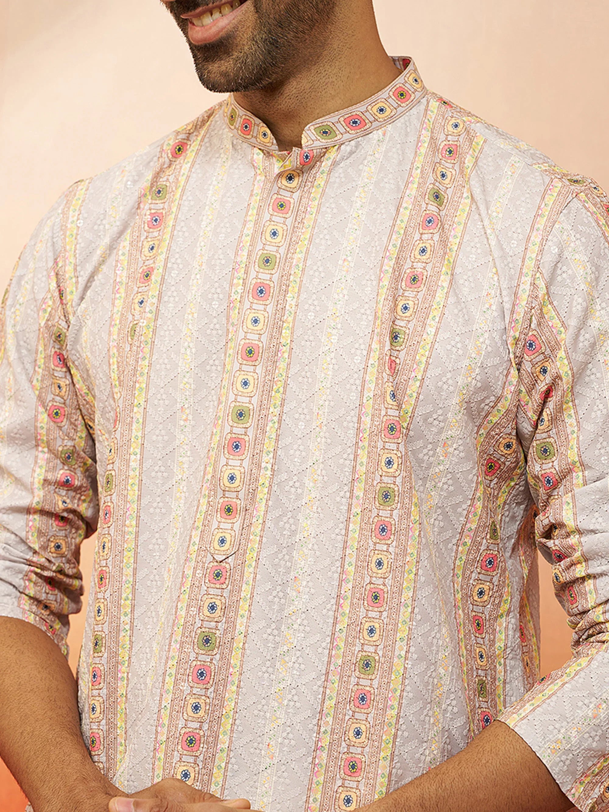 Men Grey Cotton Sequin Embroidered Kurta