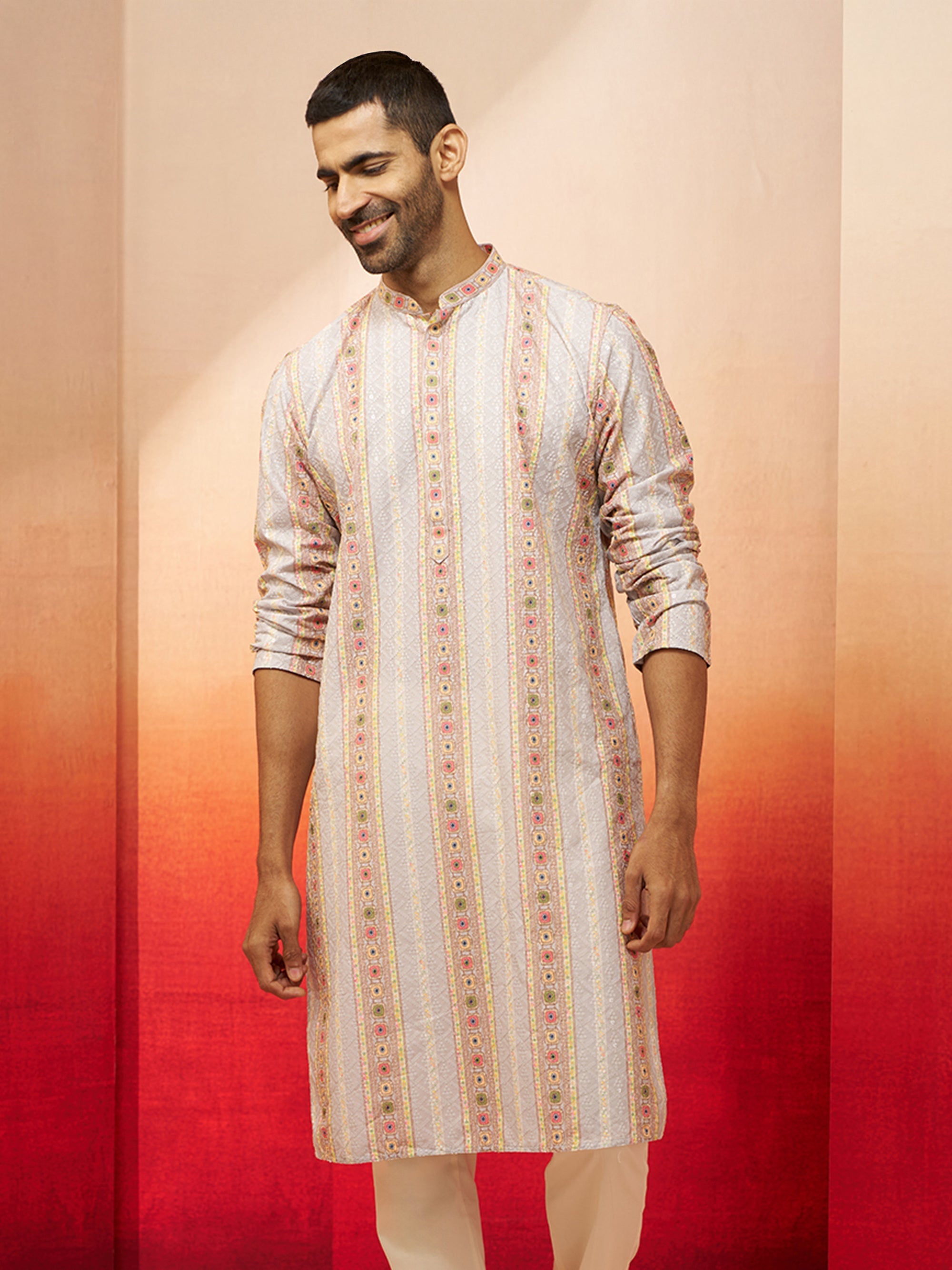 Men Grey Cotton Sequin Embroidered Kurta