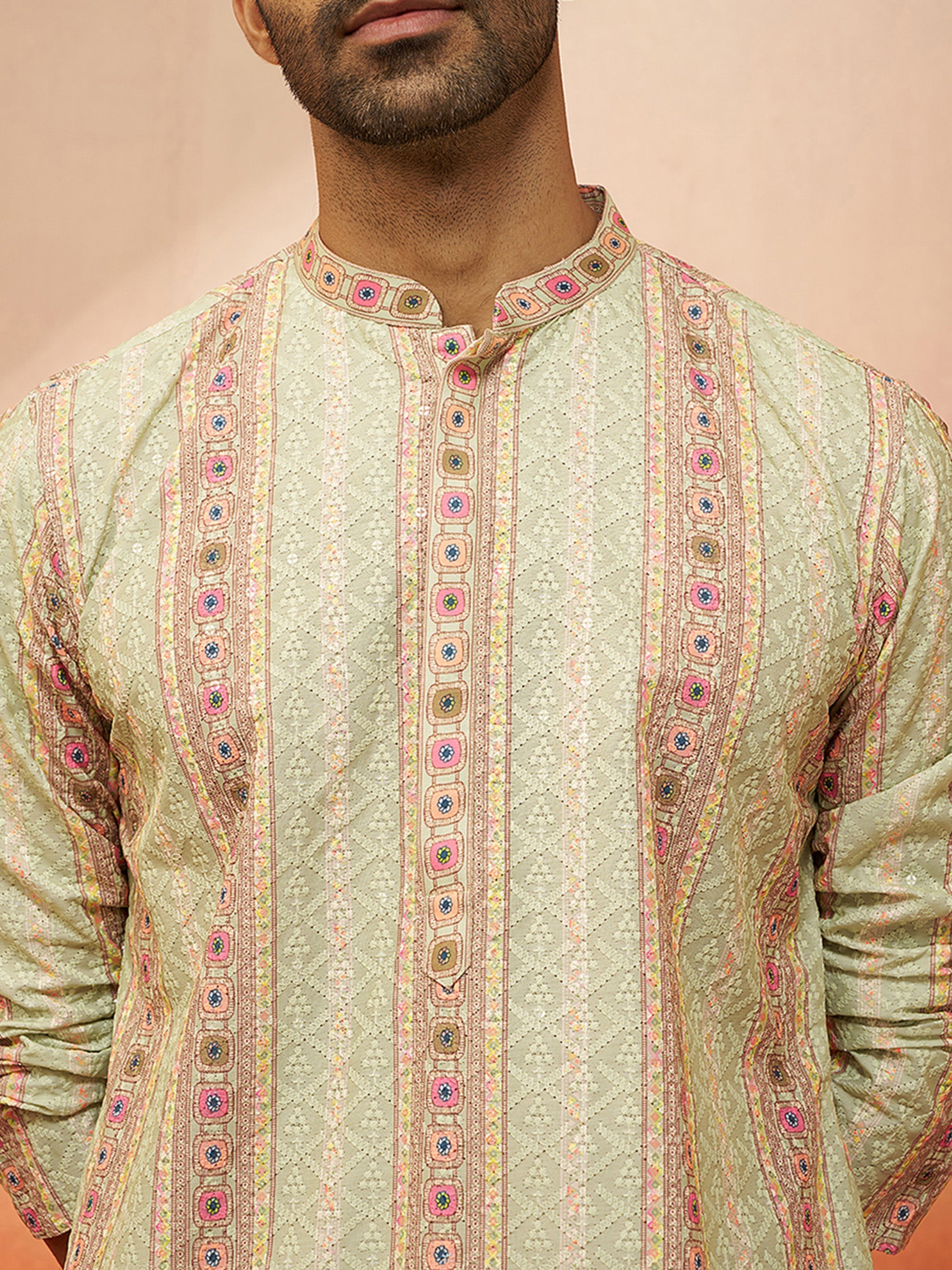 Men Mint Green Cotton Sequin Embroidered Kurta