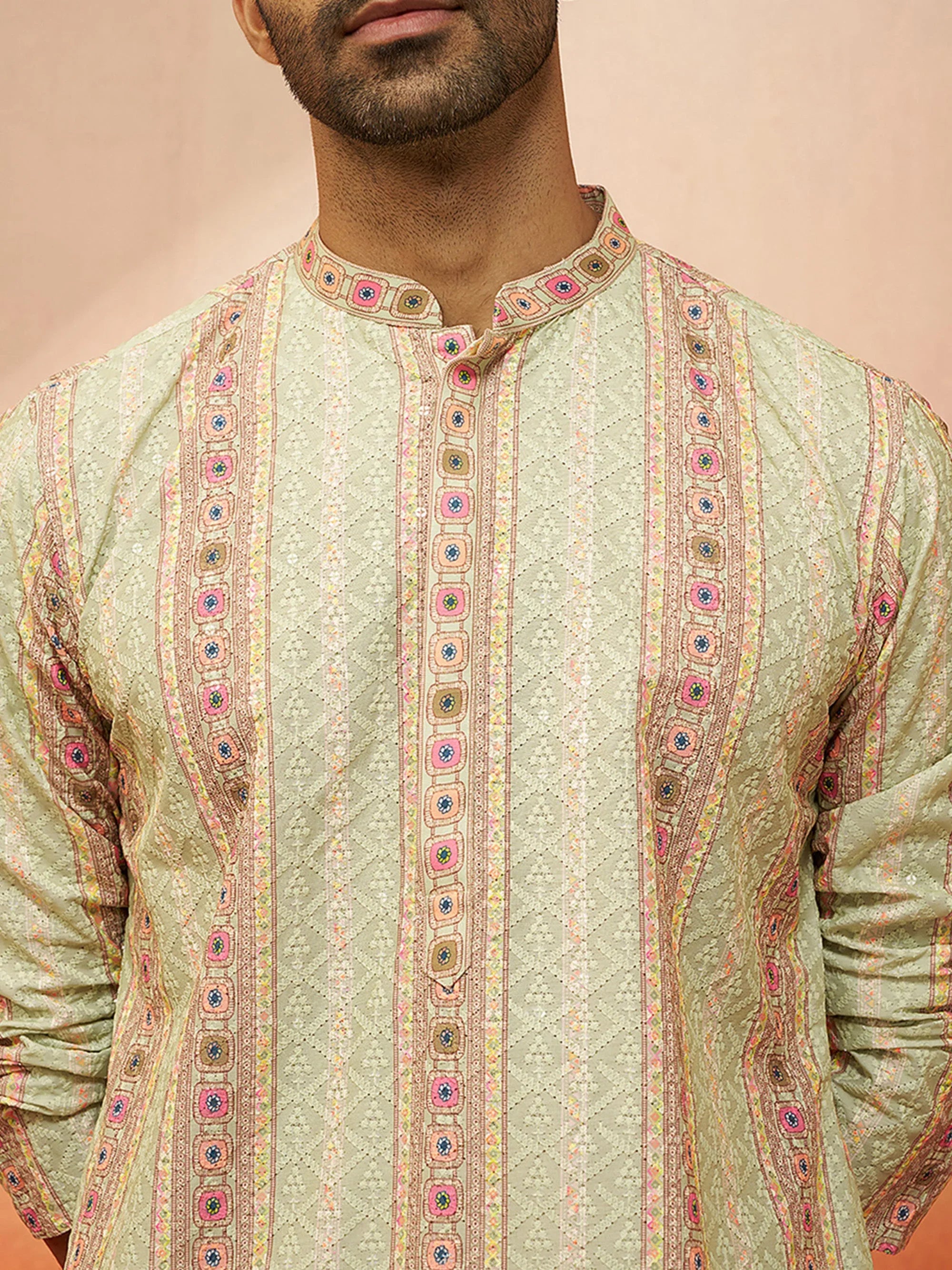 Men Mint Green Cotton Sequin Embroidered Kurta