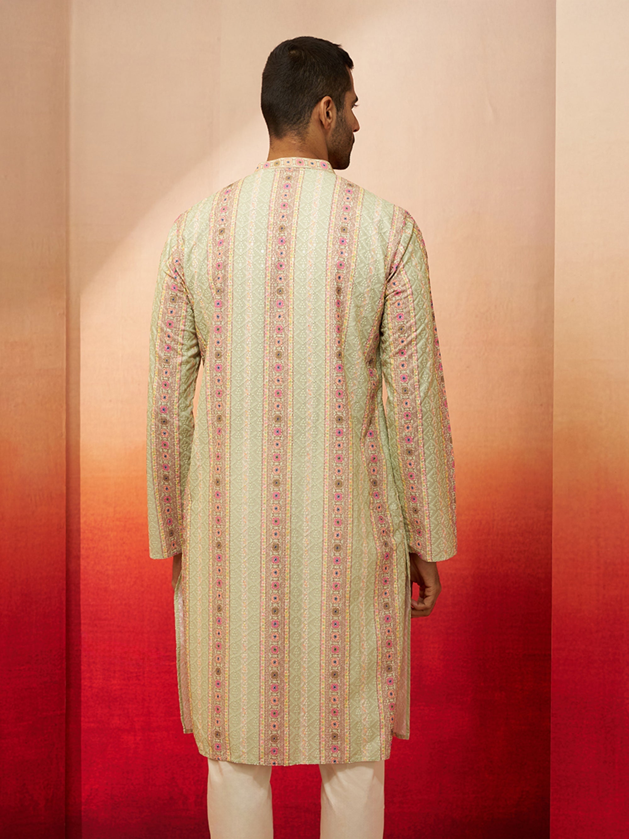 Men Mint Green Cotton Sequin Embroidered Kurta