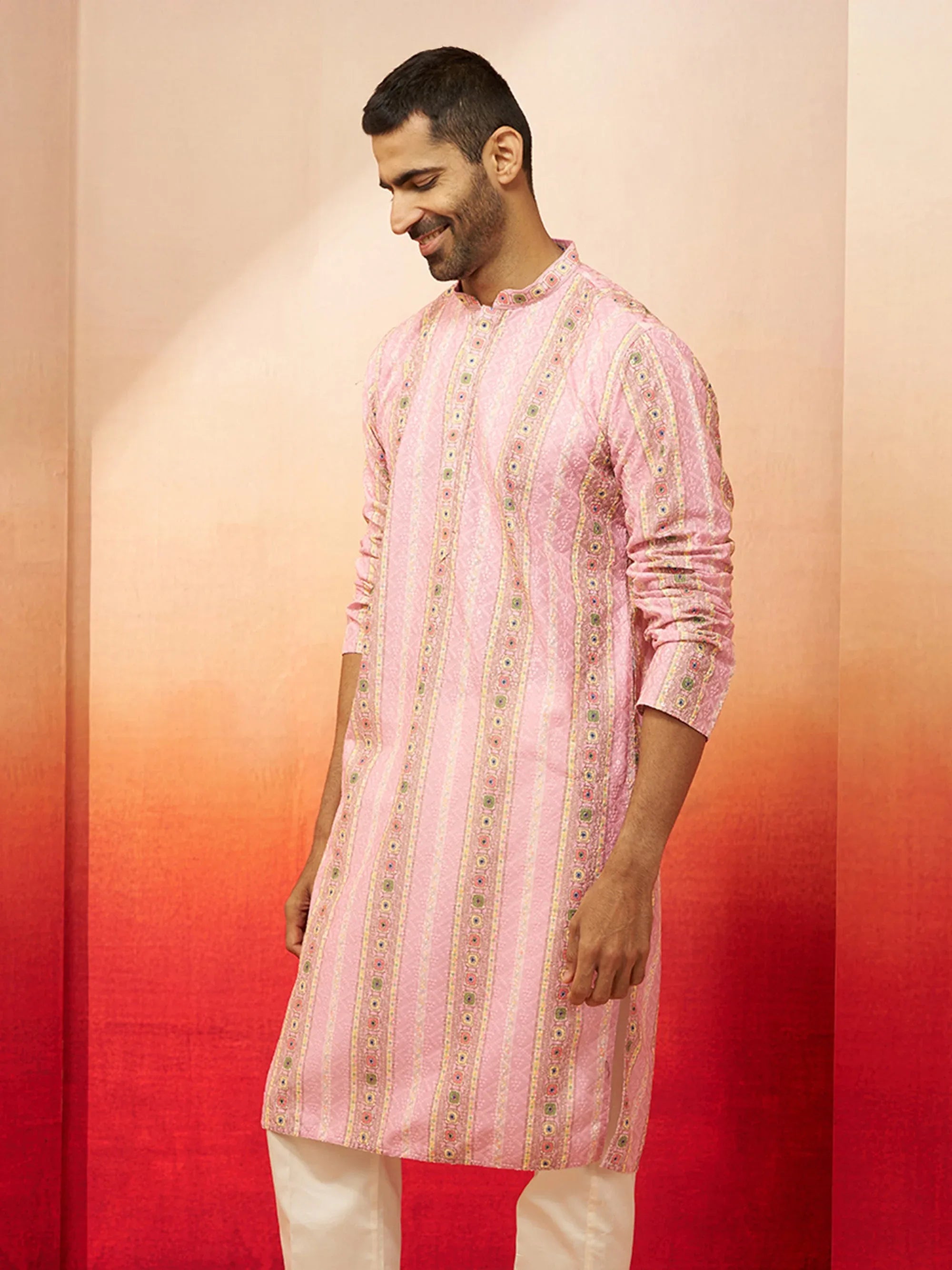 Men Peach Cotton Sequin Embroidered Kurta