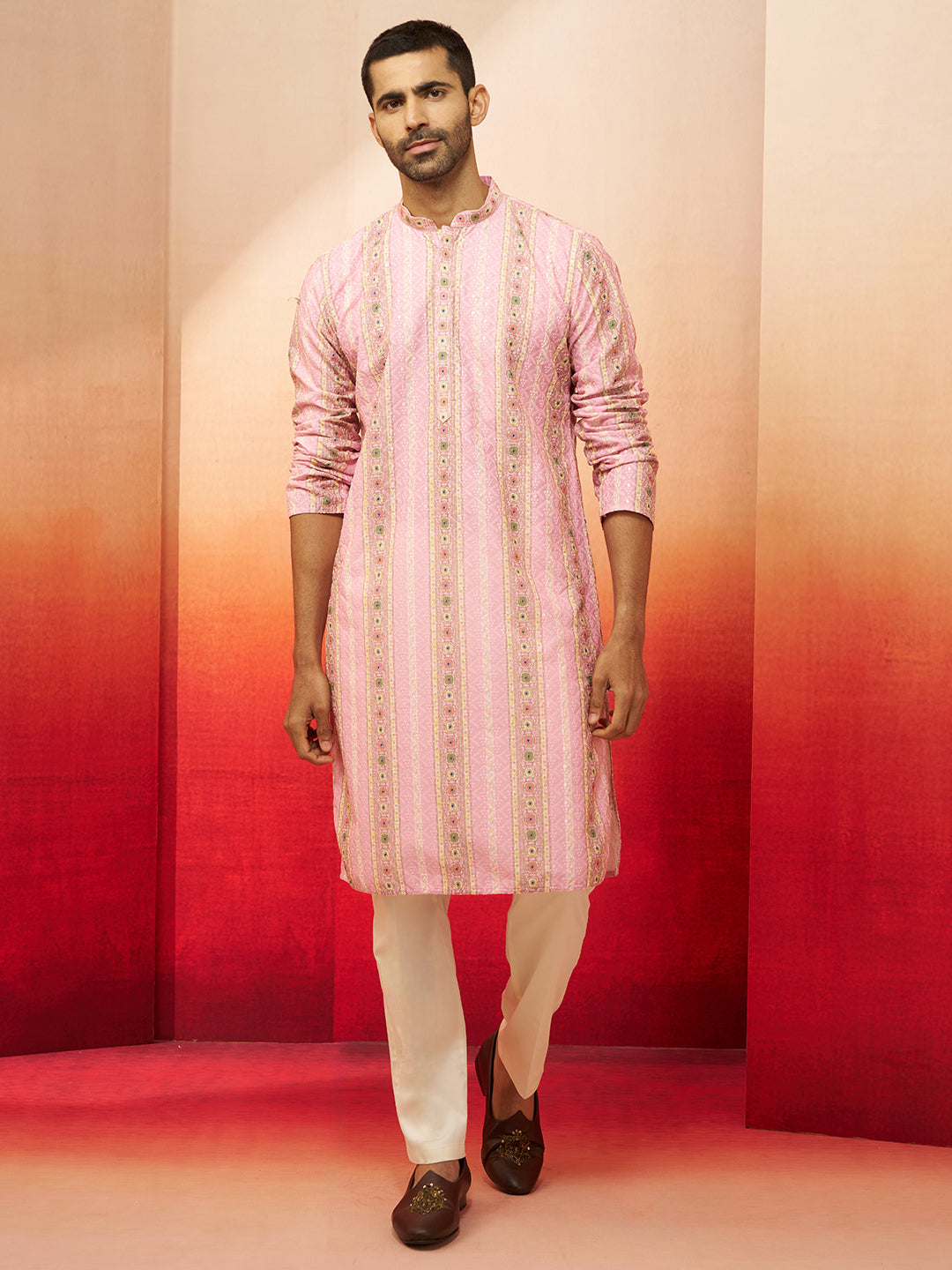 Men Peach Cotton Sequin Embroidered Kurta