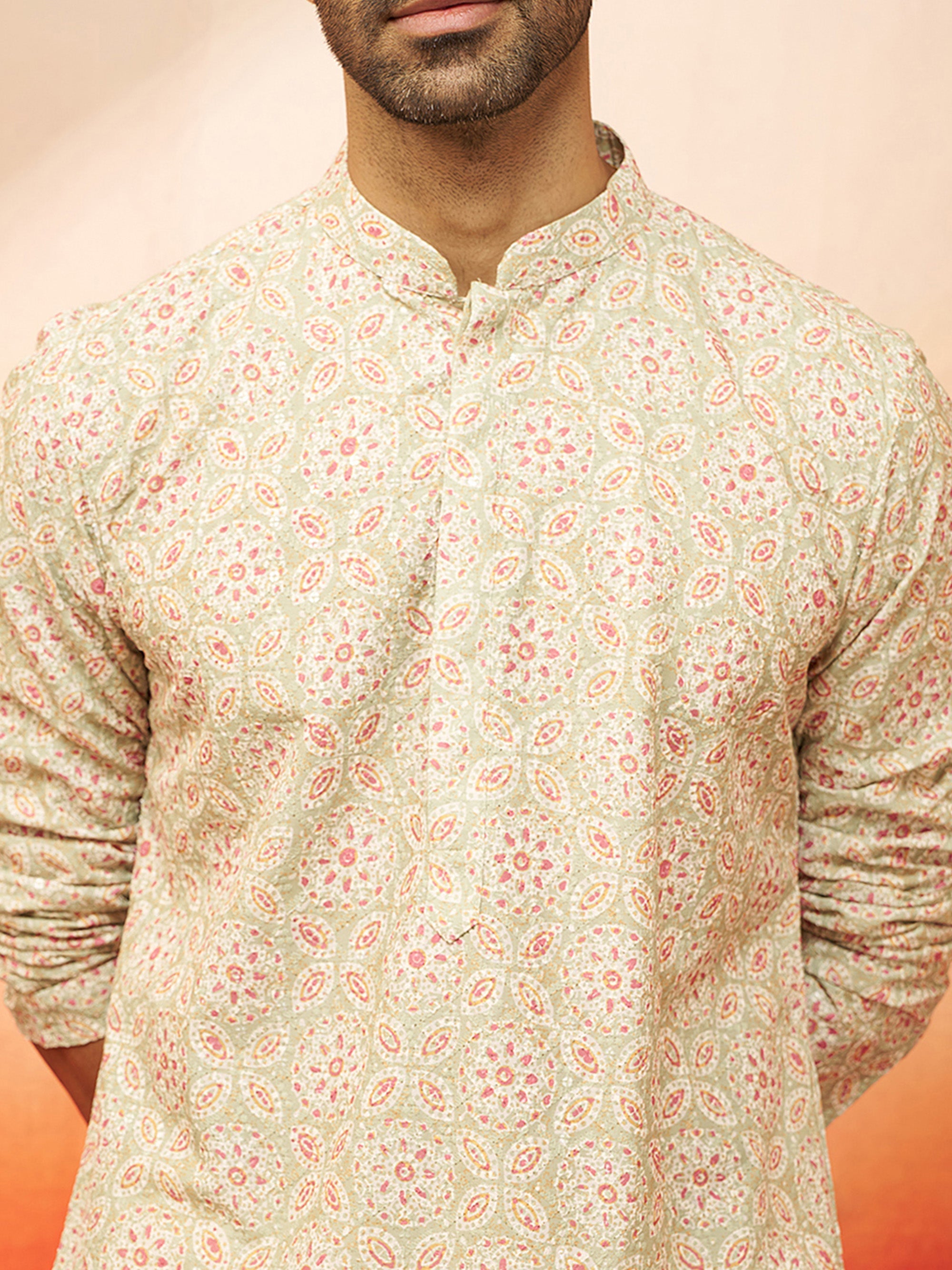 Men Green Cotton Floral Sequin Embroidered Kurta