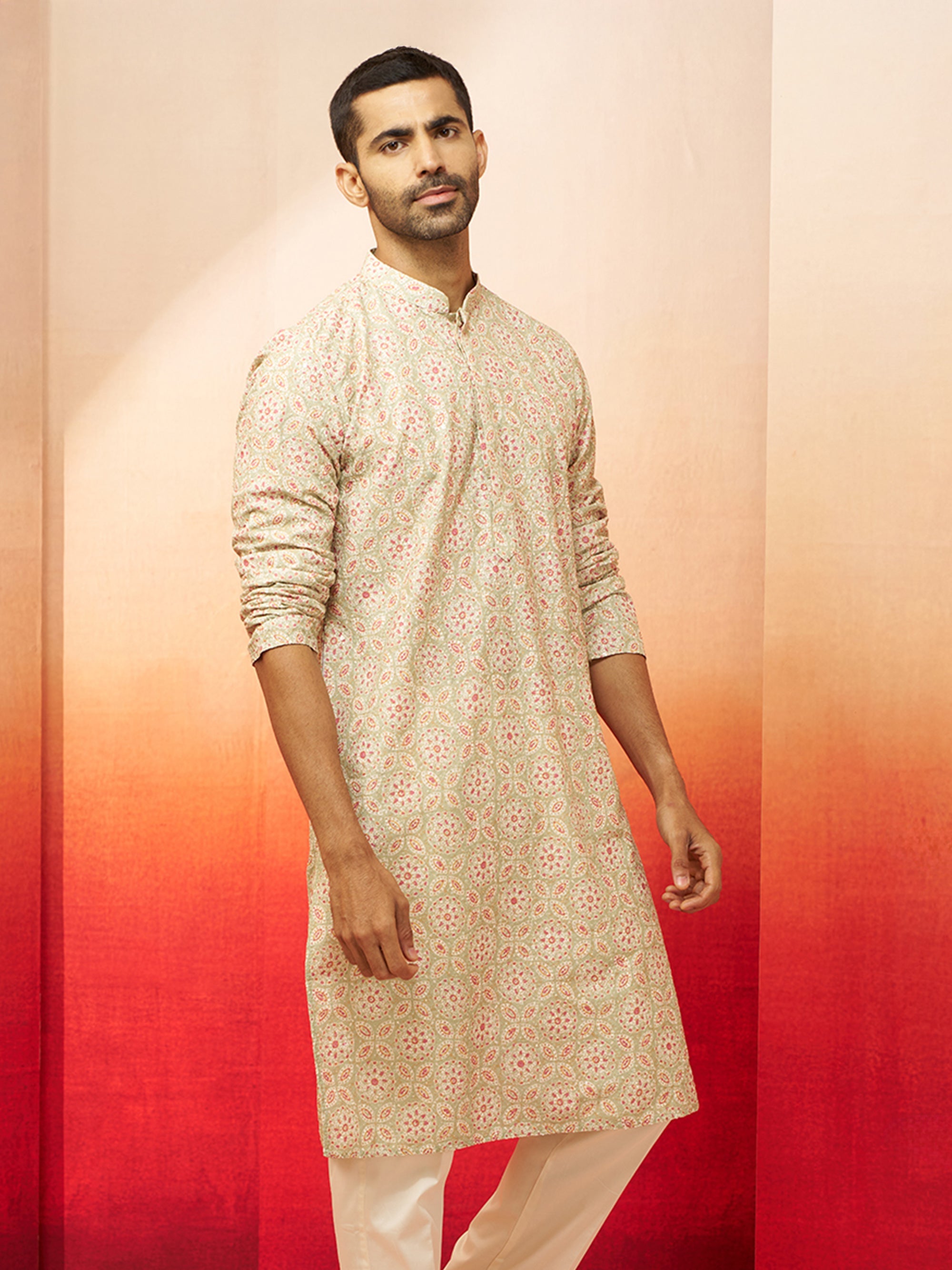Men Green Cotton Floral Sequin Embroidered Kurta