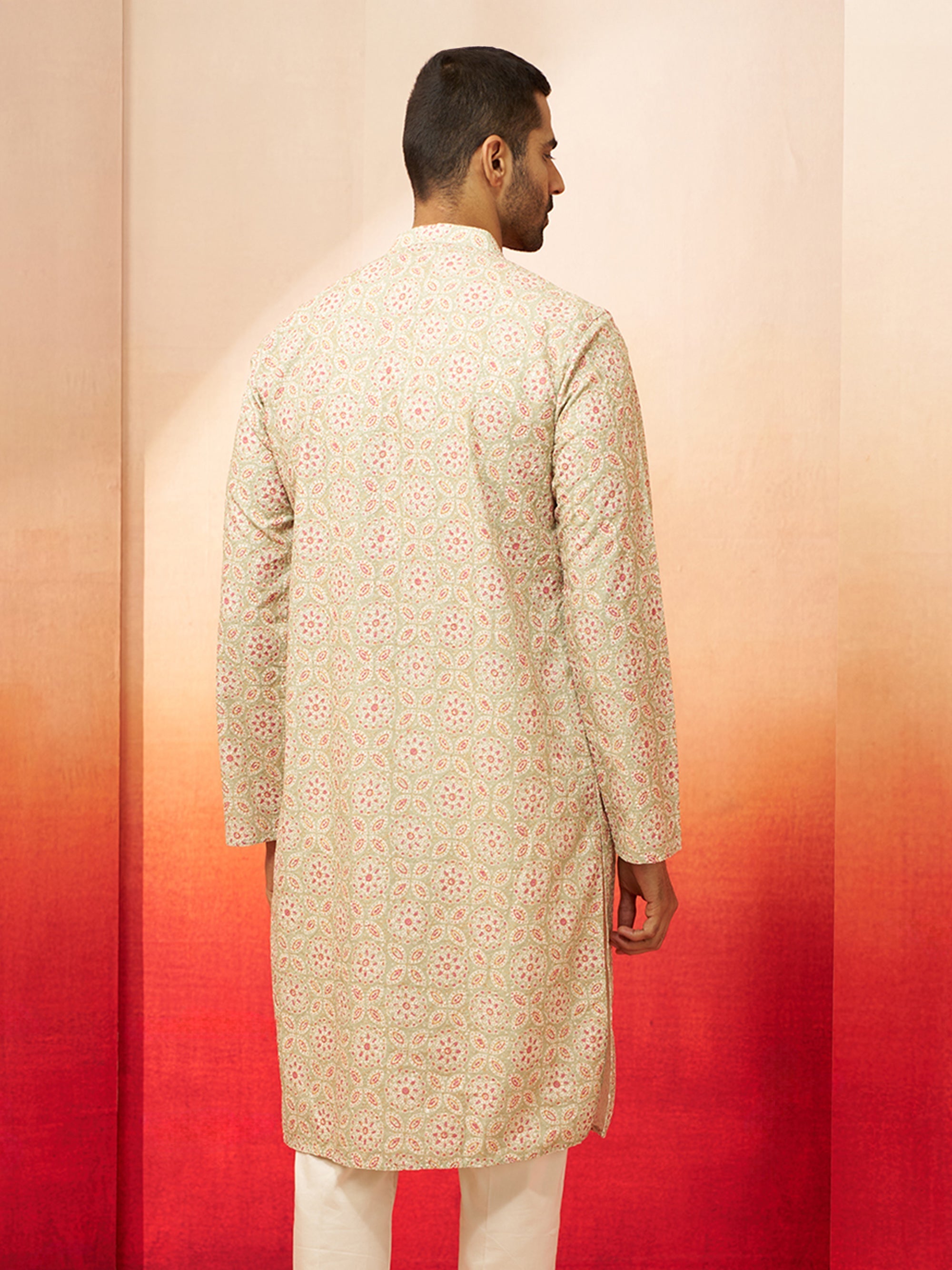 Men Green Cotton Floral Sequin Embroidered Kurta