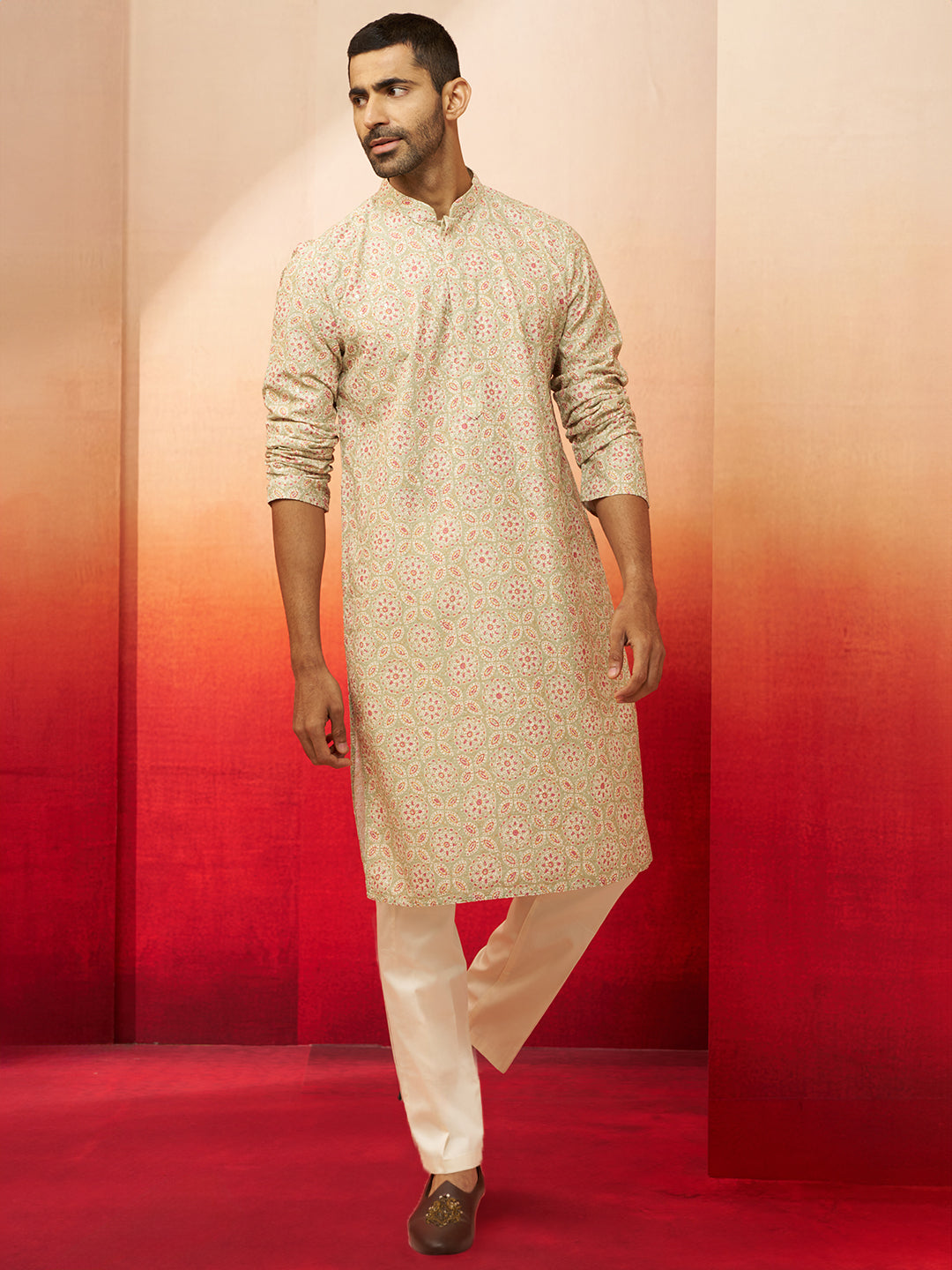 Men Green Cotton Floral Sequin Embroidered Kurta