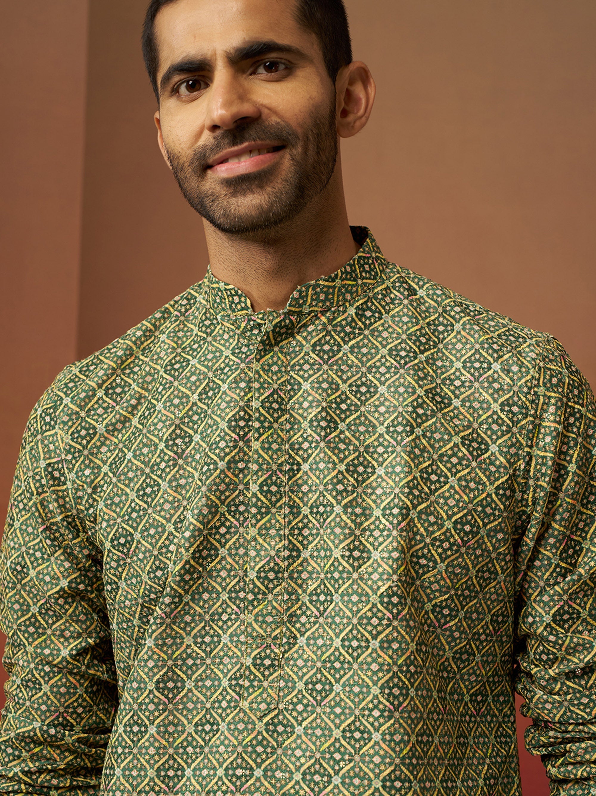 Vastramay Men Green Cotton Gems Work Kurta