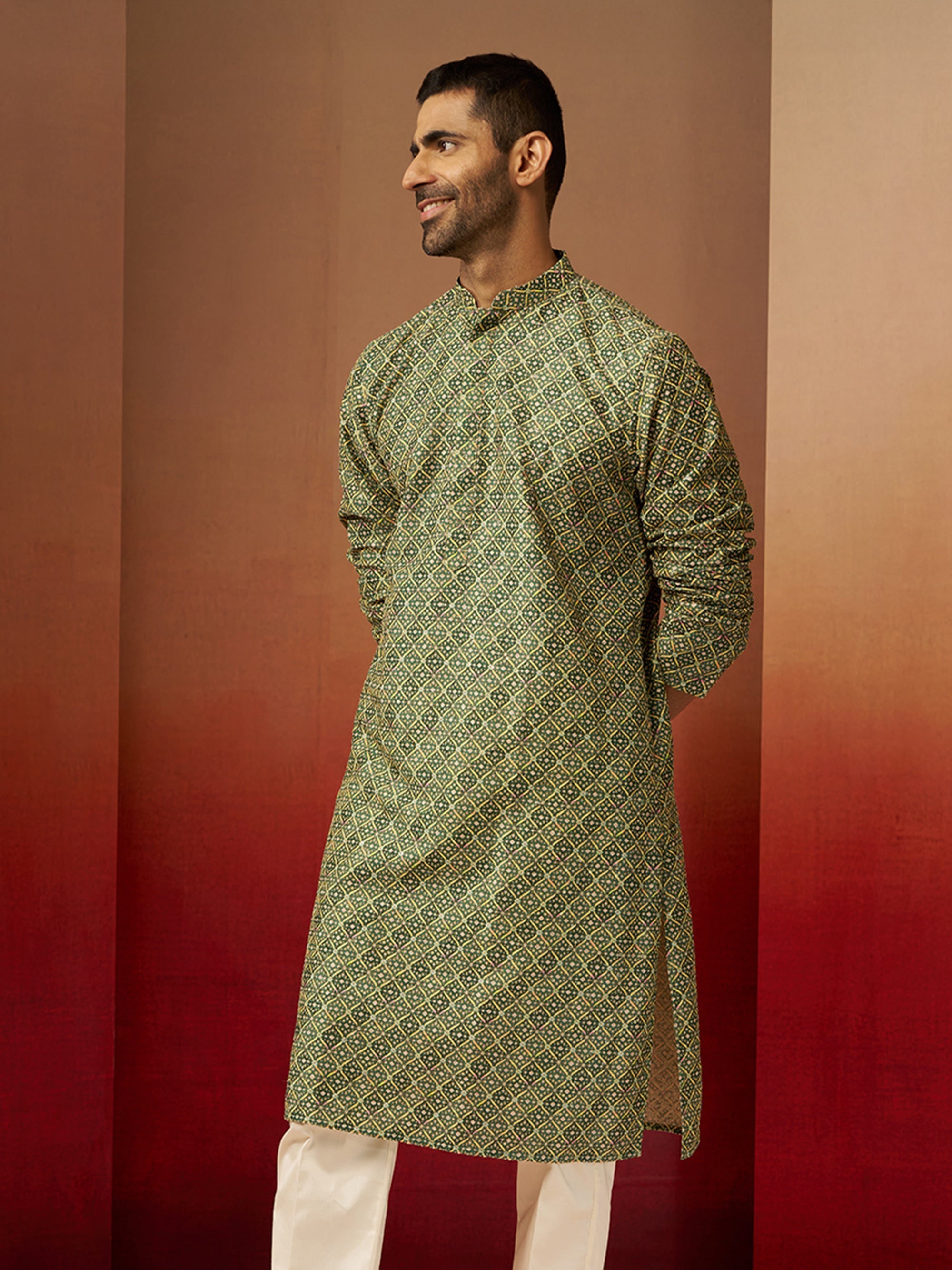 Vastramay Men Green Cotton Gems Work Kurta