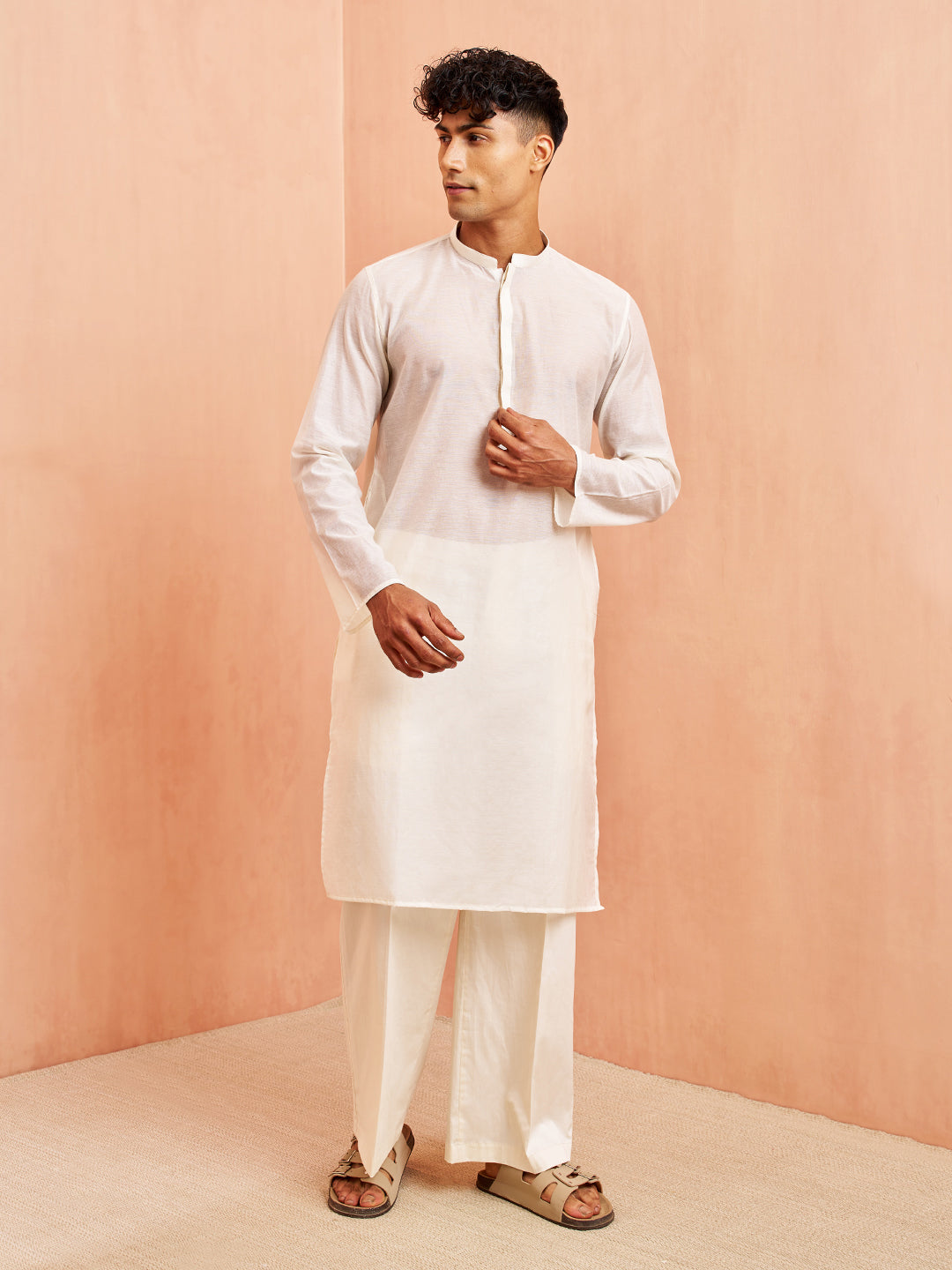 Men's Cream Chanderi Kurta with Cream Pant Set