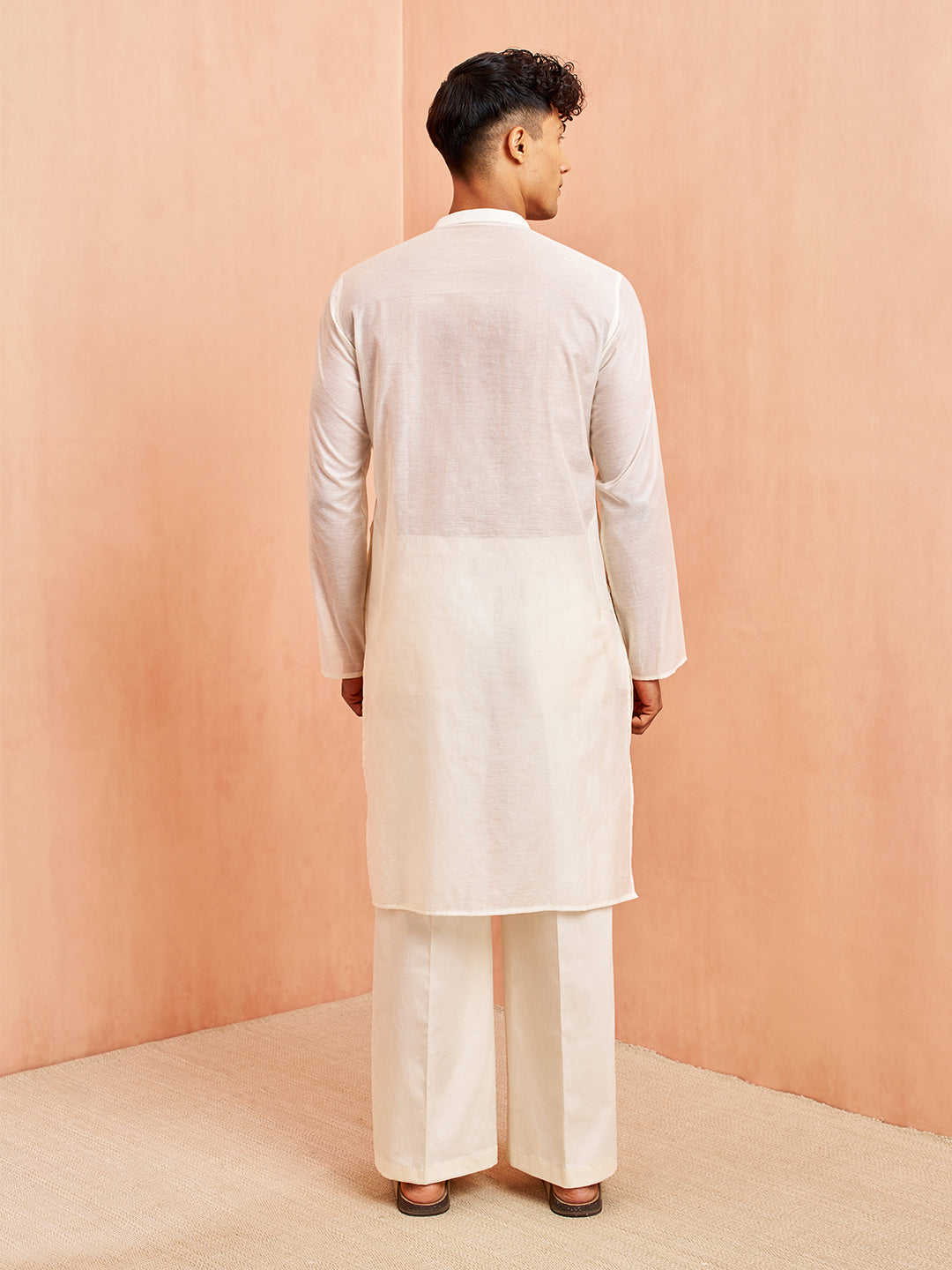 Men's Cream Chanderi Kurta with Cream Pant Set