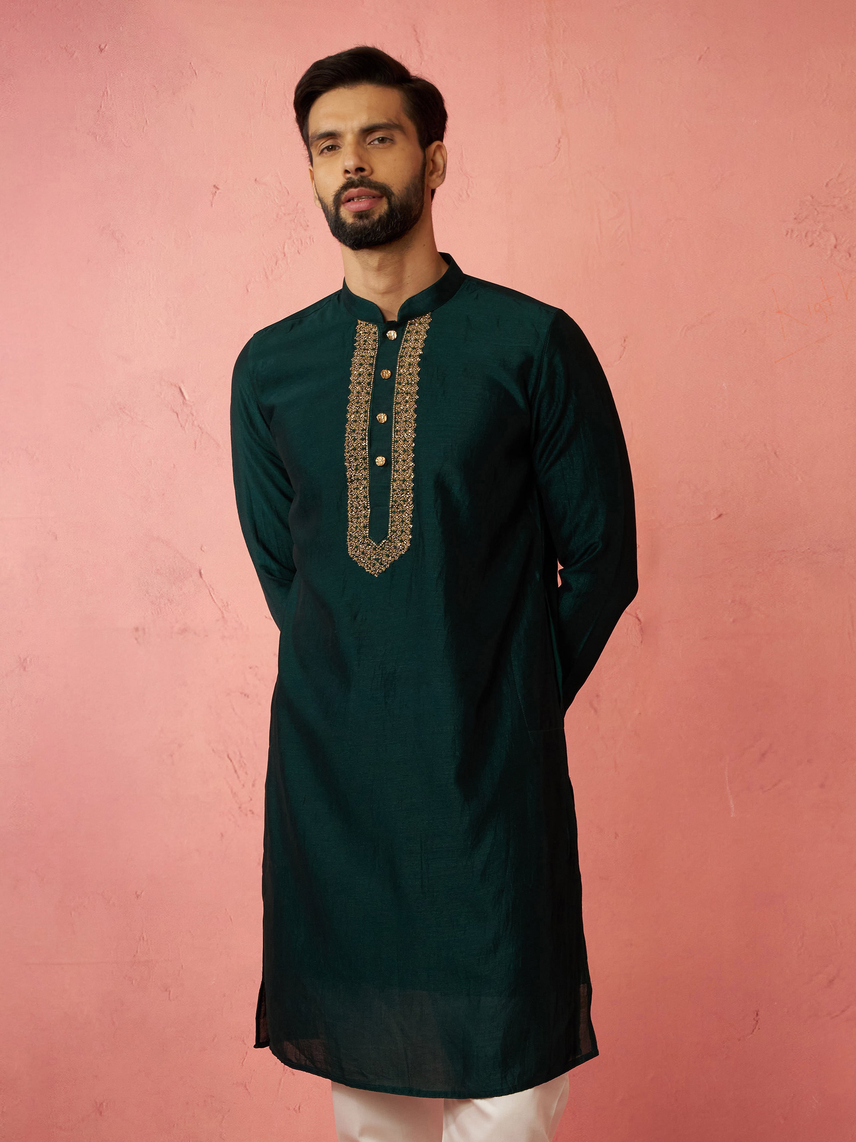 Men's's Bottle Green Vichitra Silk Kurta - Traditional Embroidered Wedding Ethnic