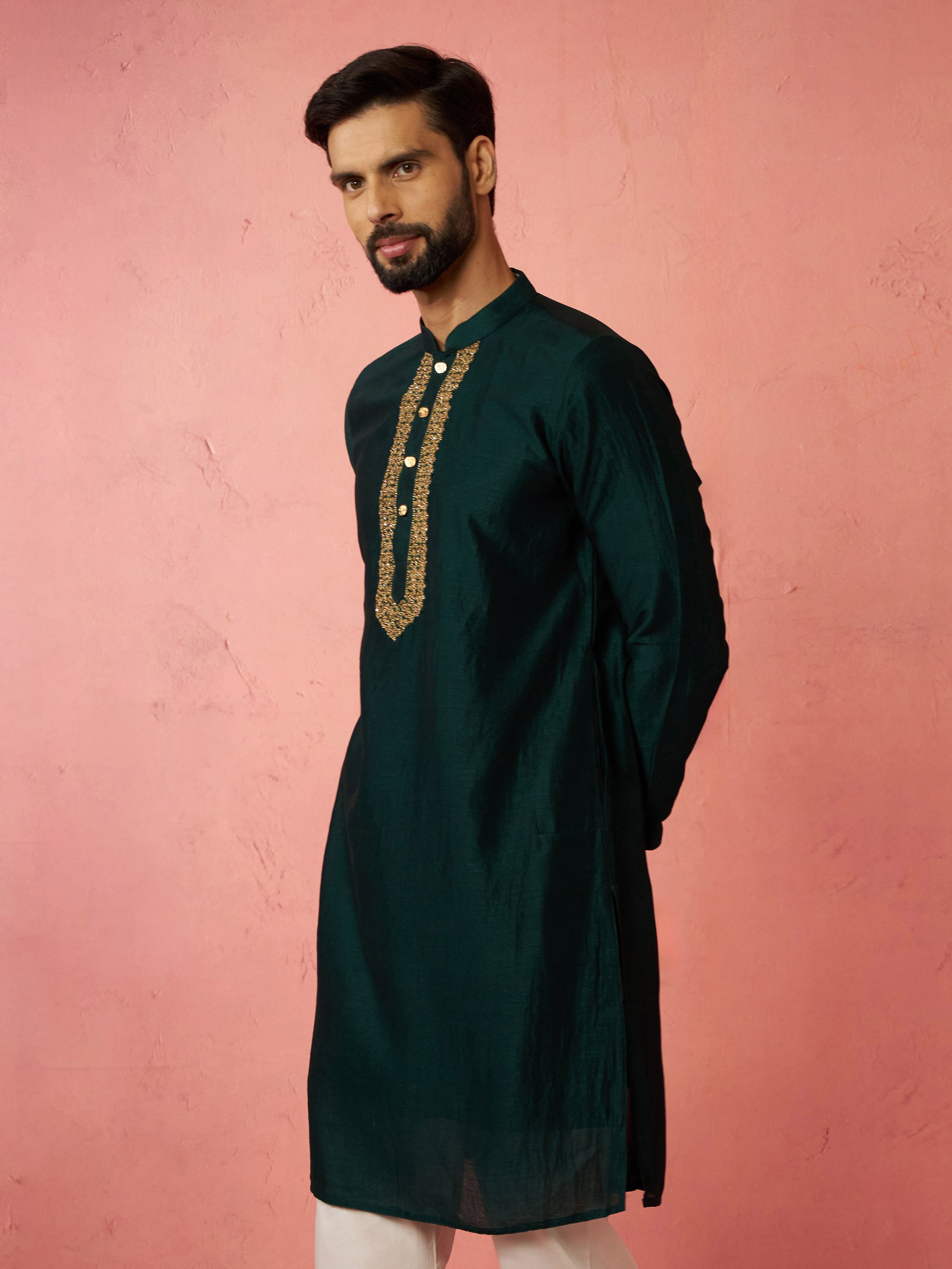 Men's's Bottle Green Vichitra Silk Kurta - Traditional Embroidered Wedding Ethnic