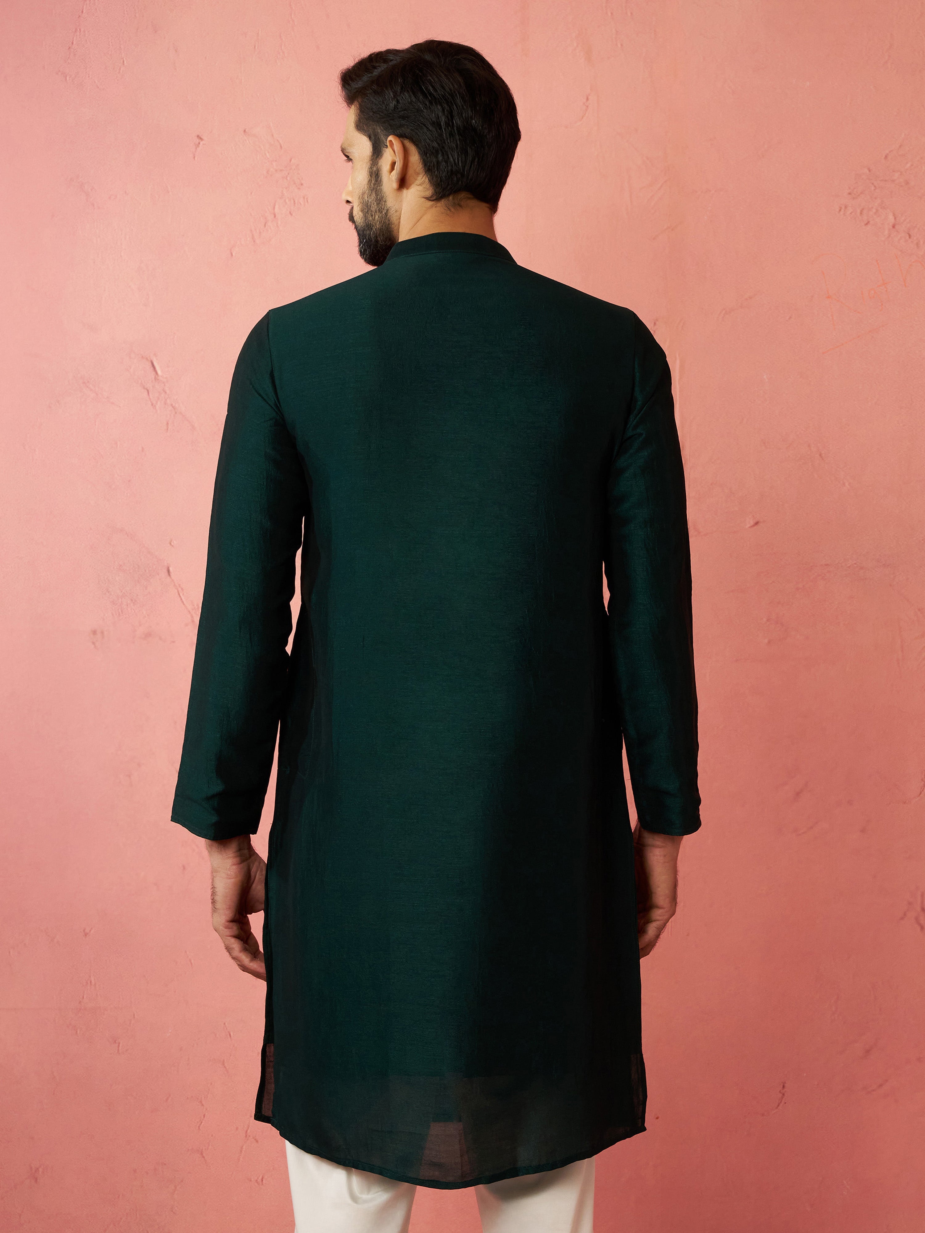 Men's's Bottle Green Vichitra Silk Kurta - Traditional Embroidered Wedding Ethnic