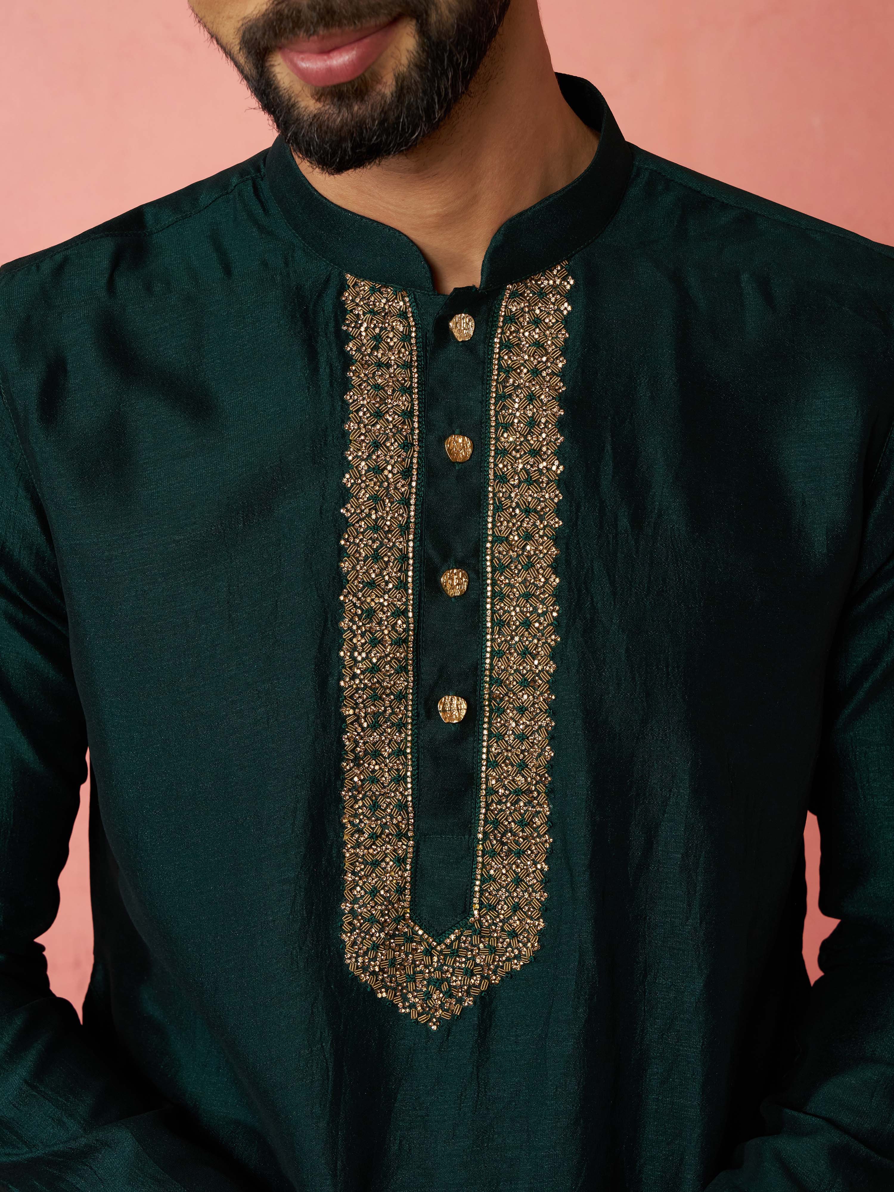 Men's's Bottle Green Silk Kurta with Cream Pyjama - Wedding Set