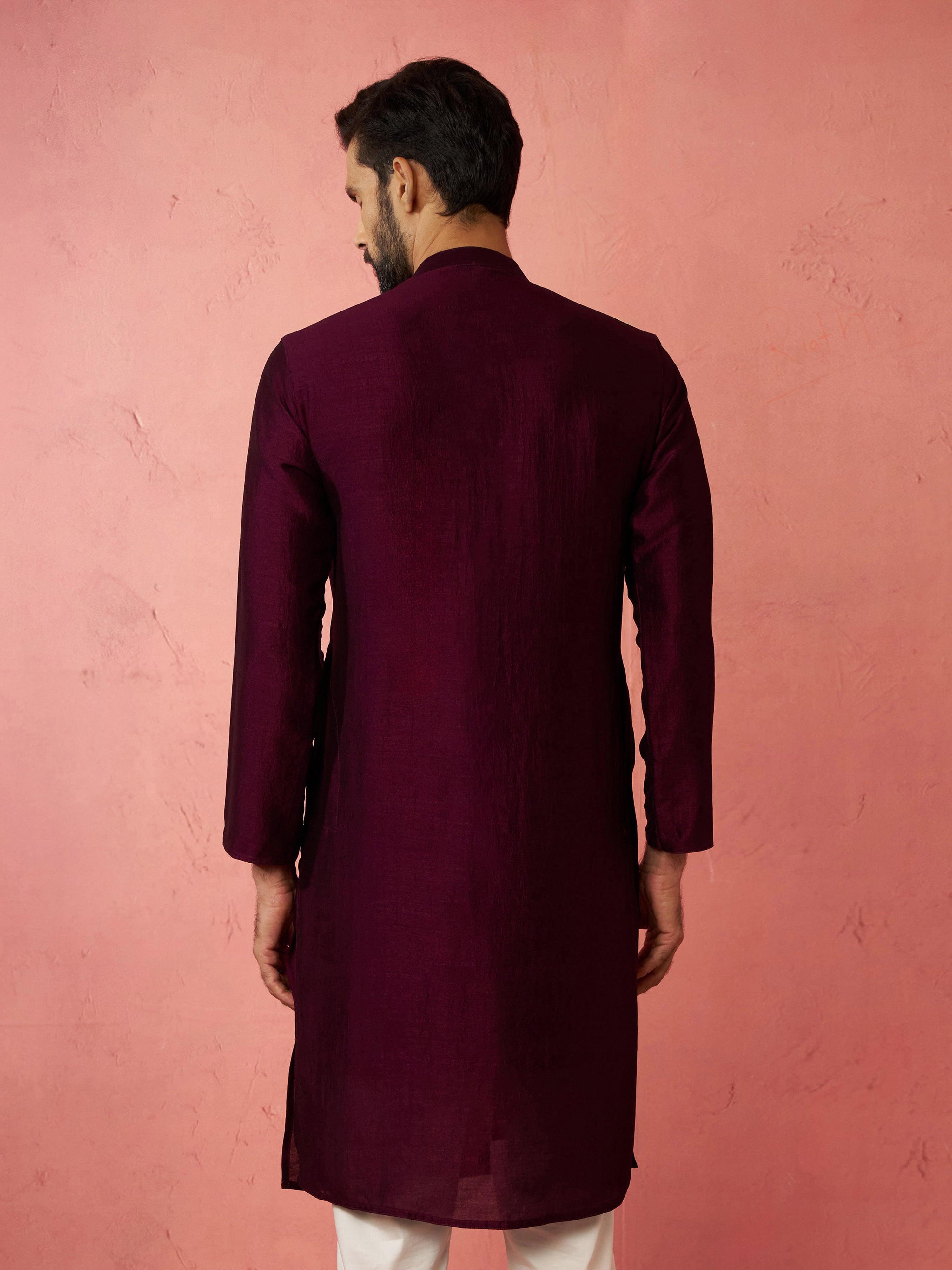 Men's's Wine Vichitra Silk Kurta - Traditional Embroidered Wedding Ethnic Wear