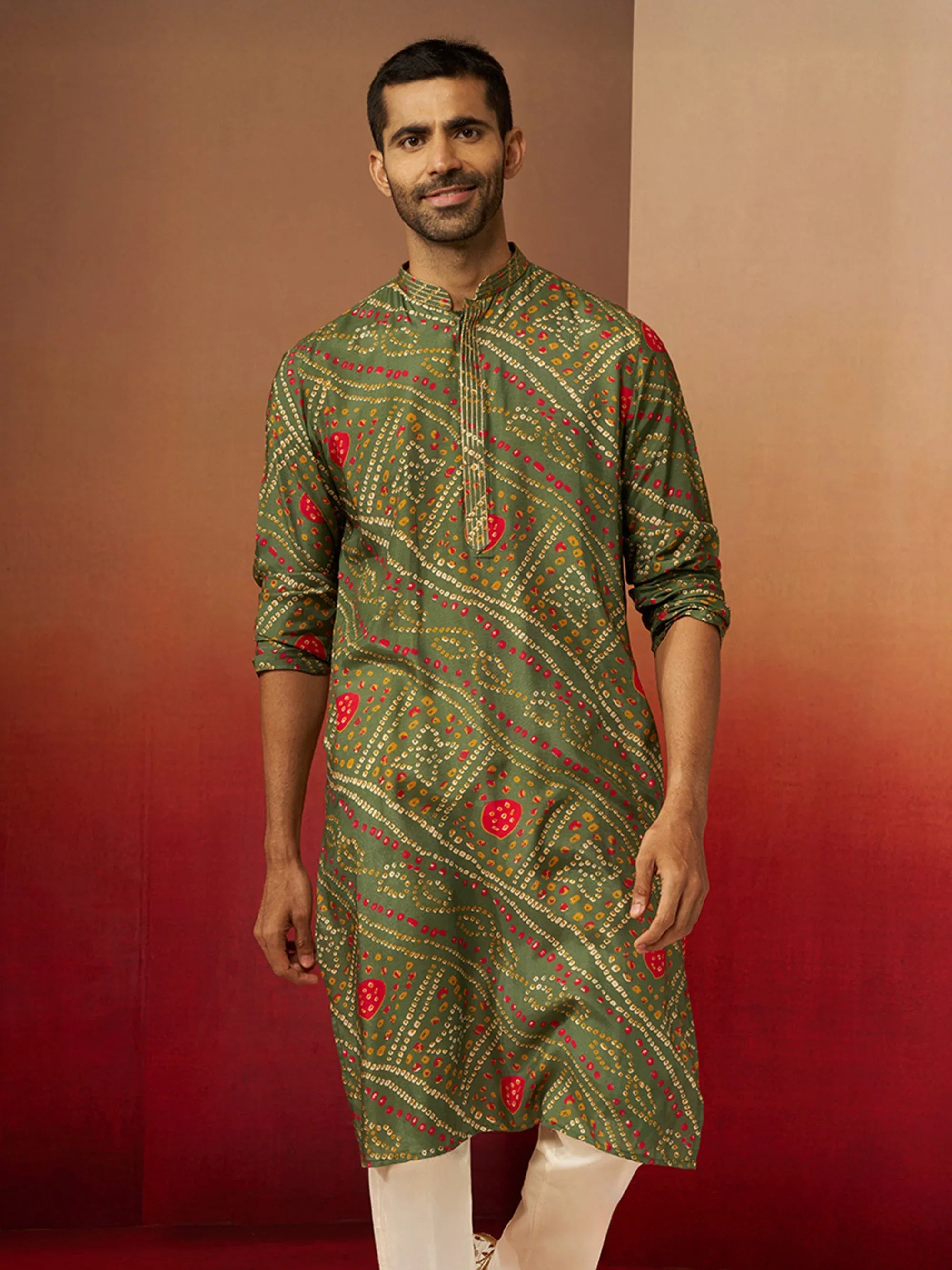Vastramay Men Green Pure Muslin Bandhani Print Kurta