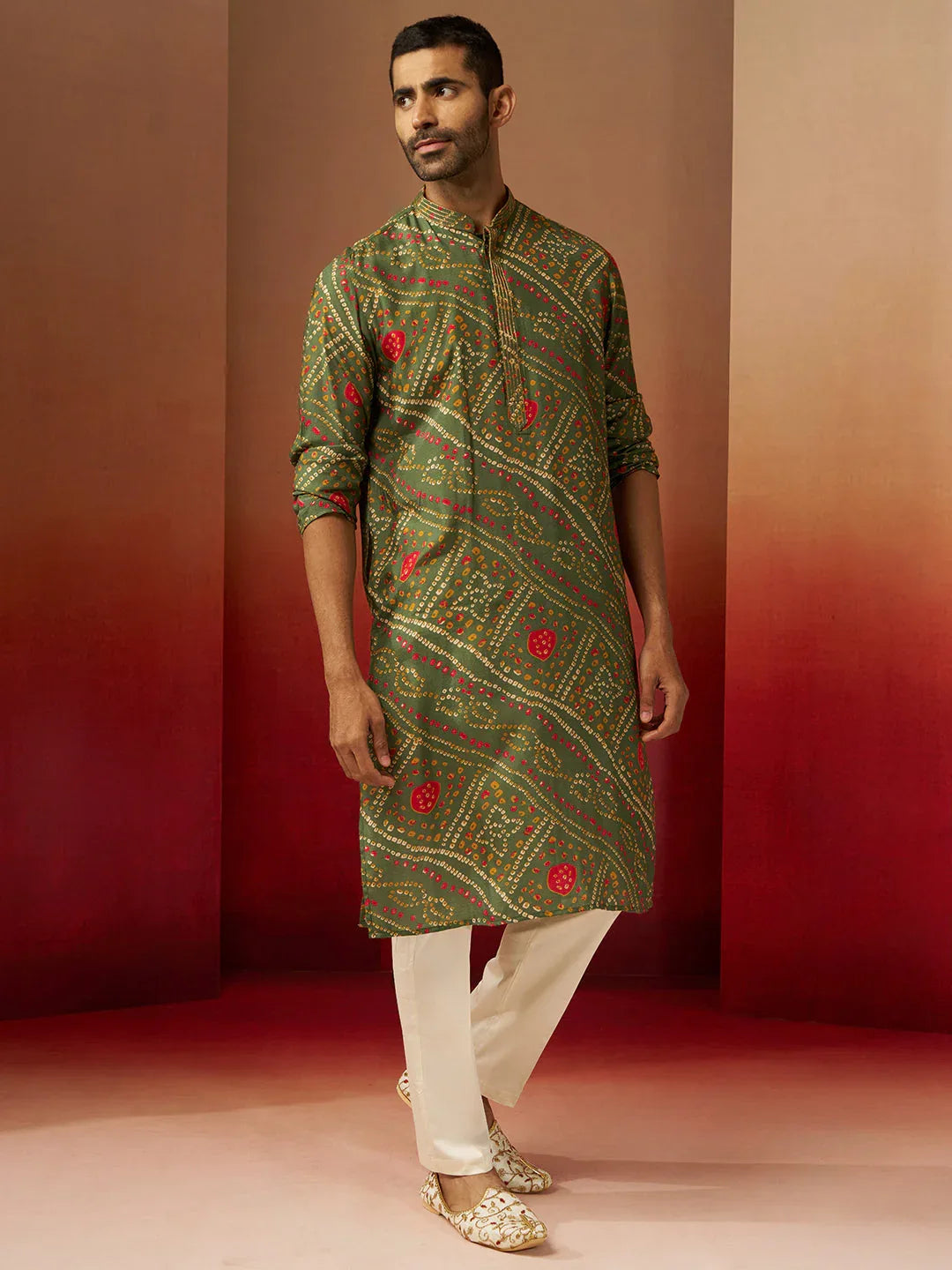 Men's Green Bandhani Kurta with Pyjama