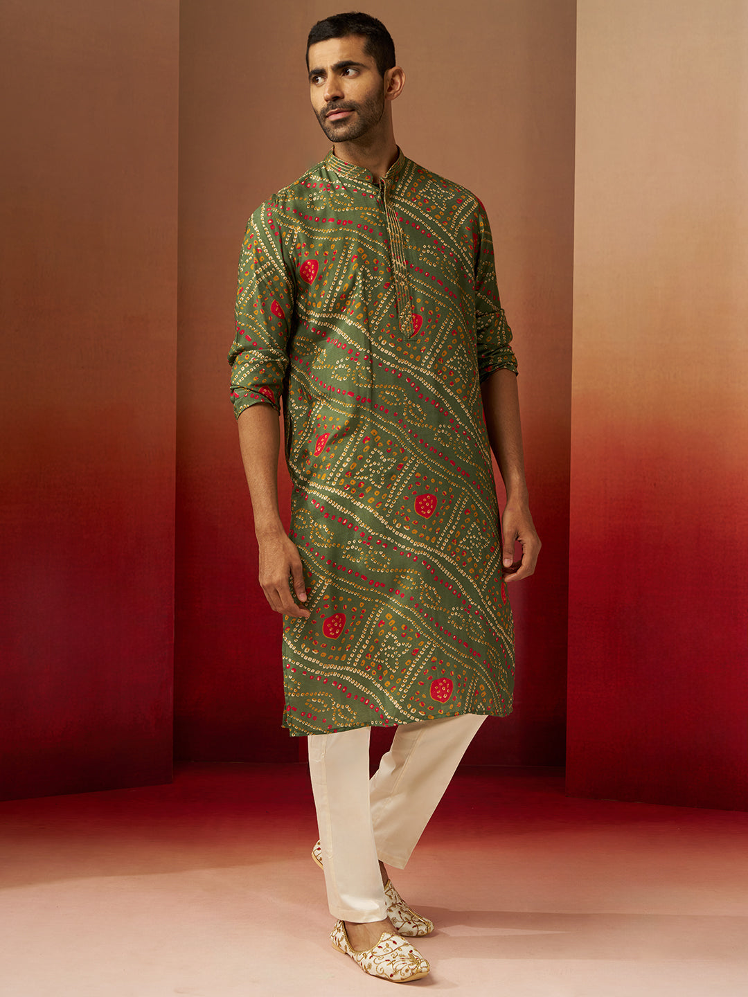 Men's Green Bandhni Kurta Pyjama Set