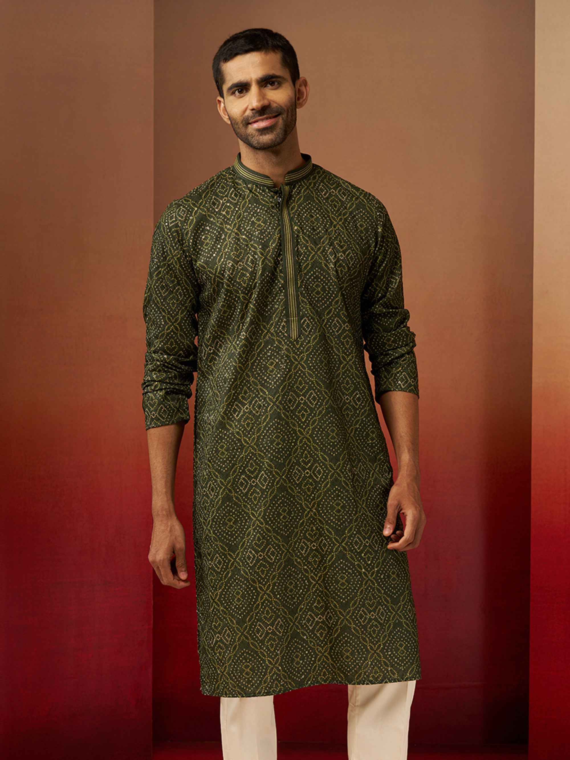 Men's Green Cotton Bandhni Embroidered Kurta