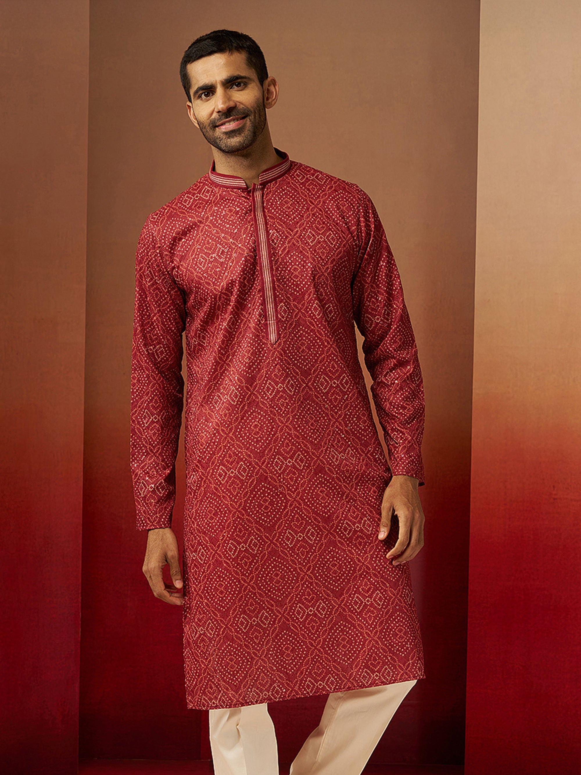 Men's Rust Cotton Bandhni Embroidered Kurta
