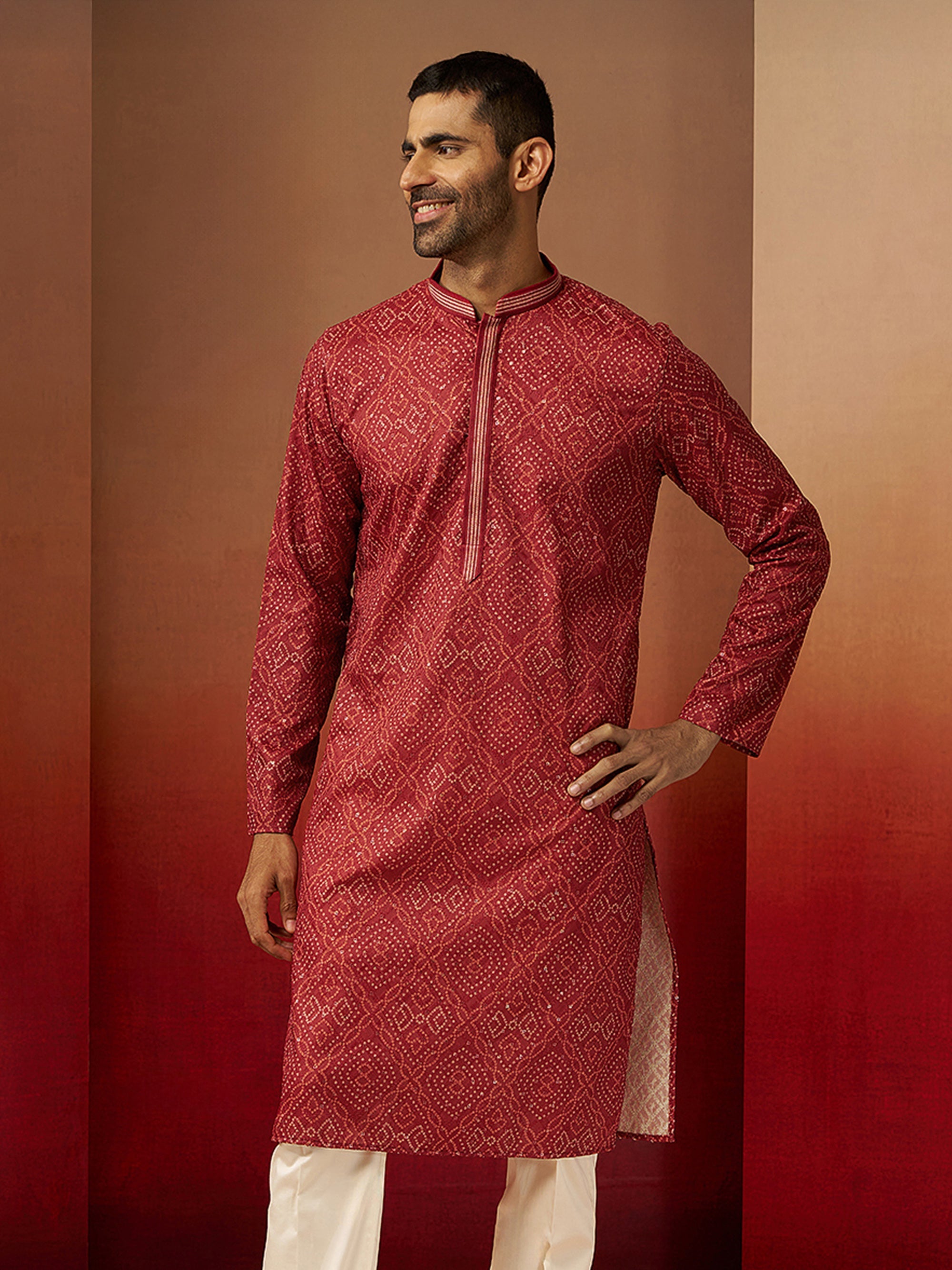Men's Rust Cotton Bandhni Embroidered Kurta
