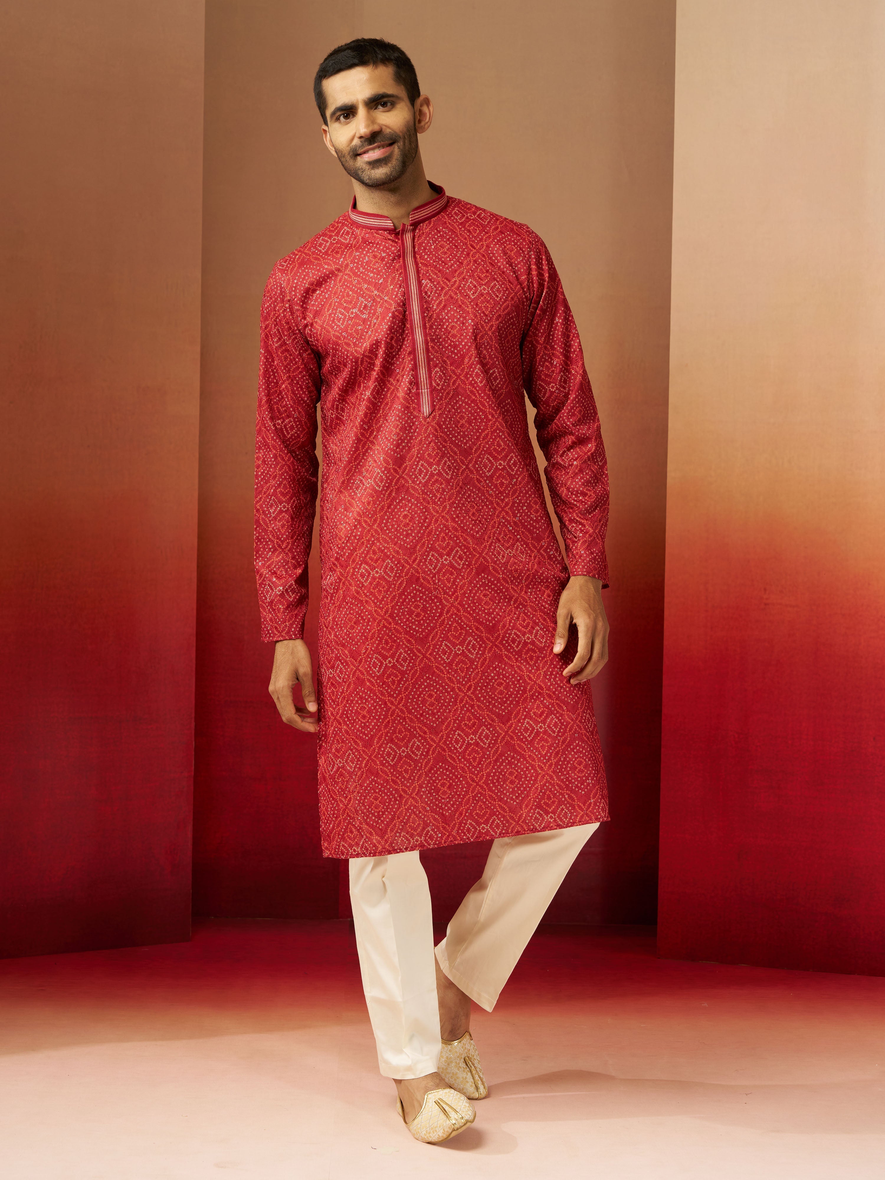 Men's Rust Bandhani Kurta with Pyjama