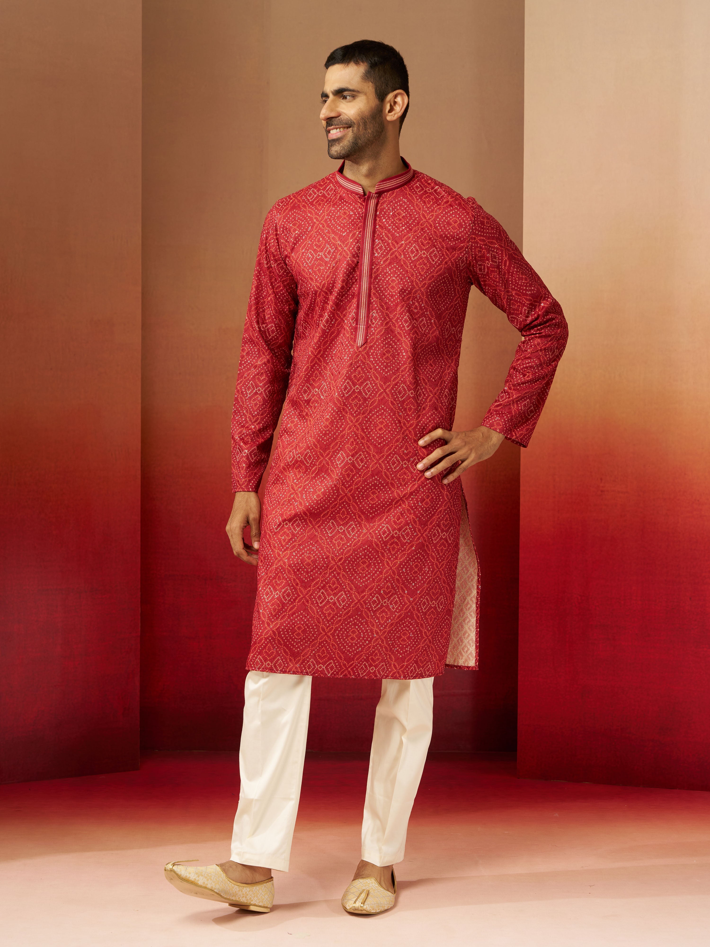 Men's Rust Bandhani Kurta with Pyjama