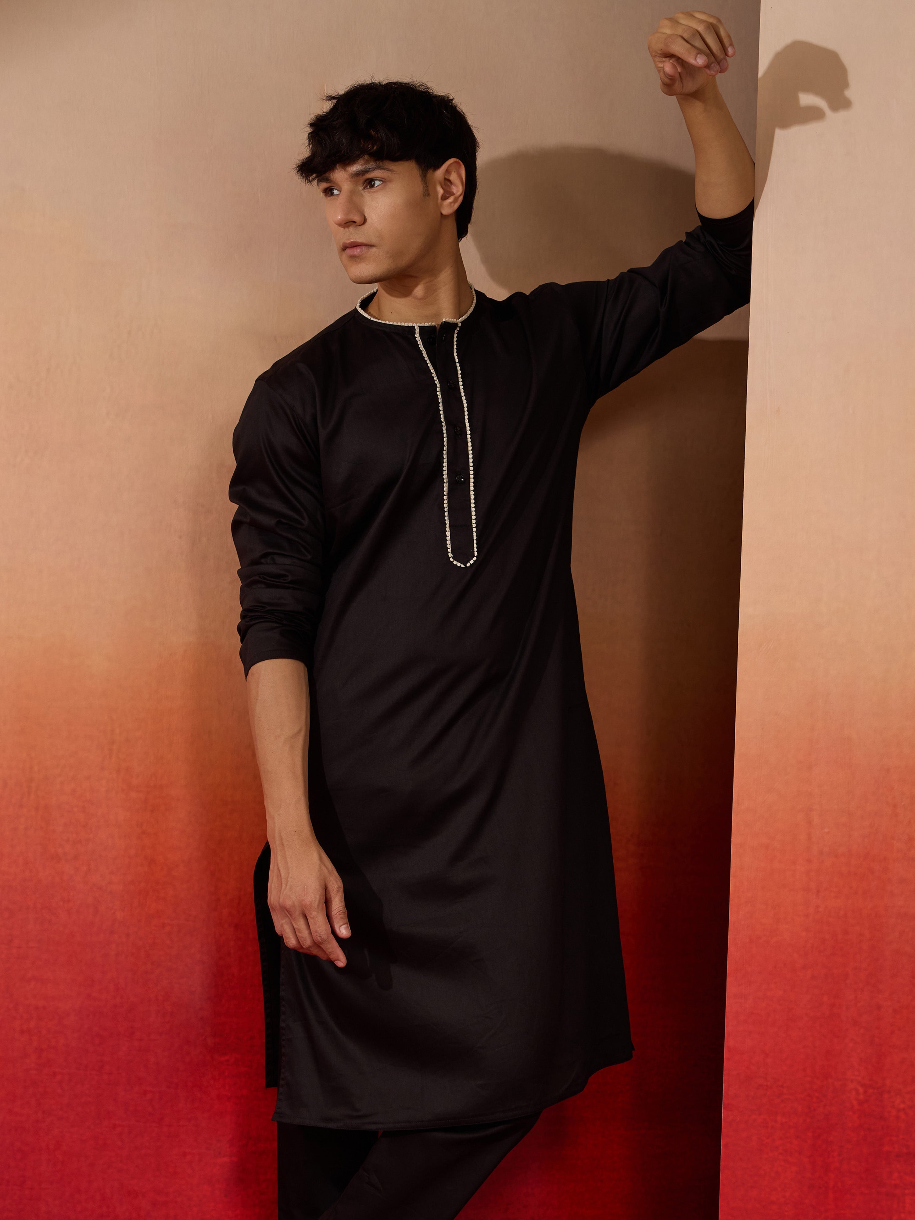 Men's Black Cotton Millennium Kurta Lace Detail