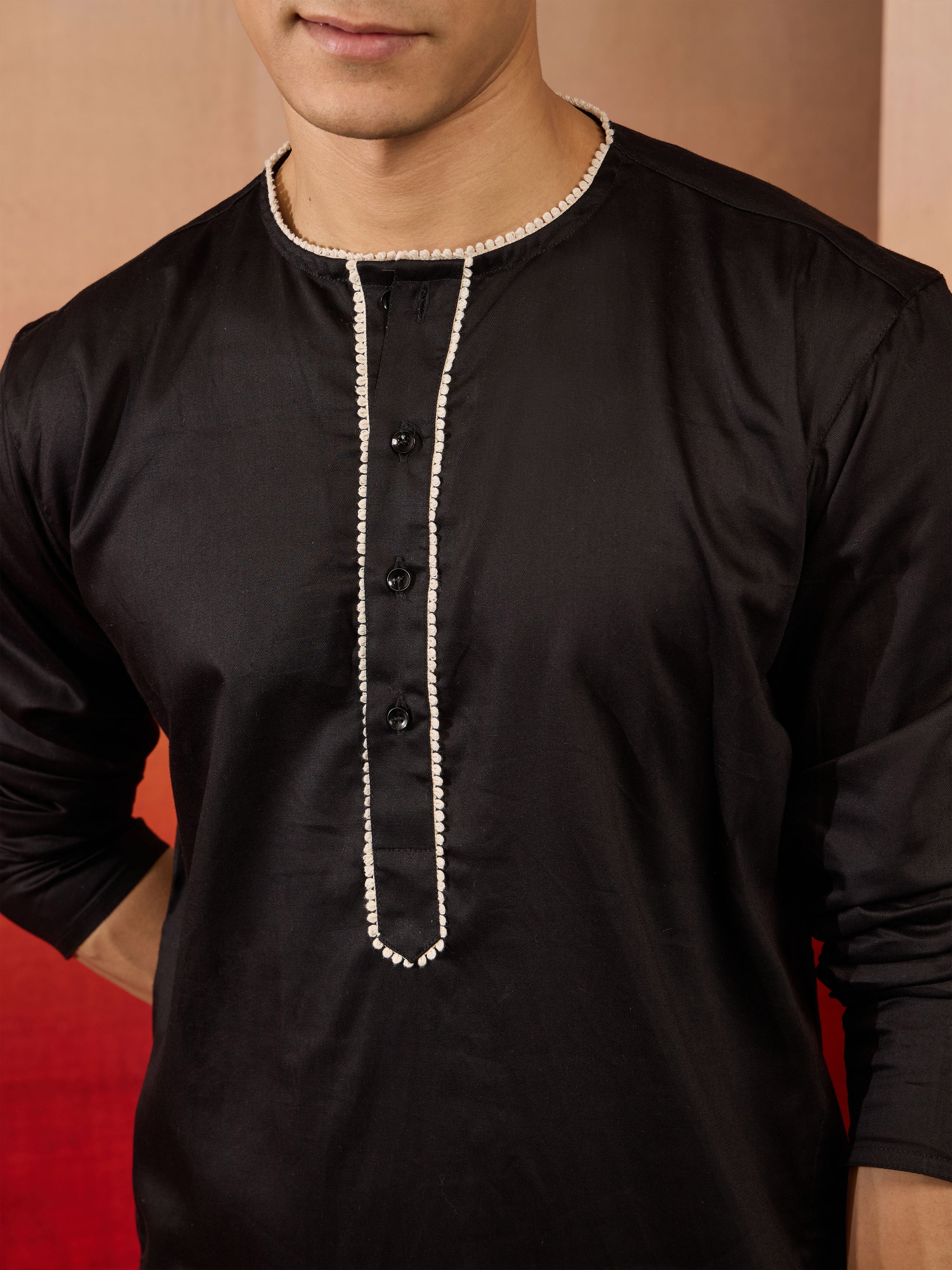 Men's Black Cotton Millennium Kurta Lace Detail