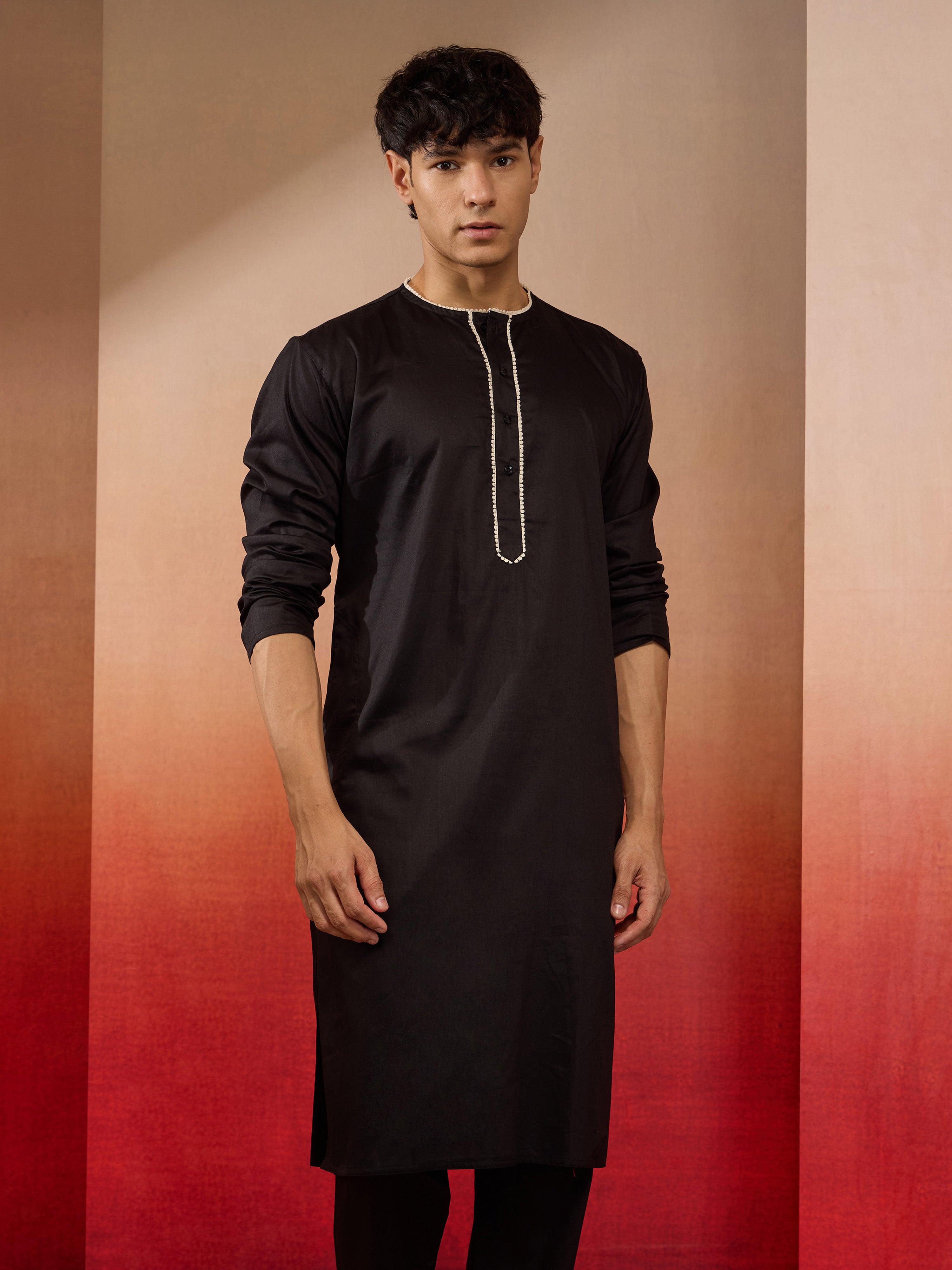 Men's Black Cotton Millennium Kurta Lace Detail