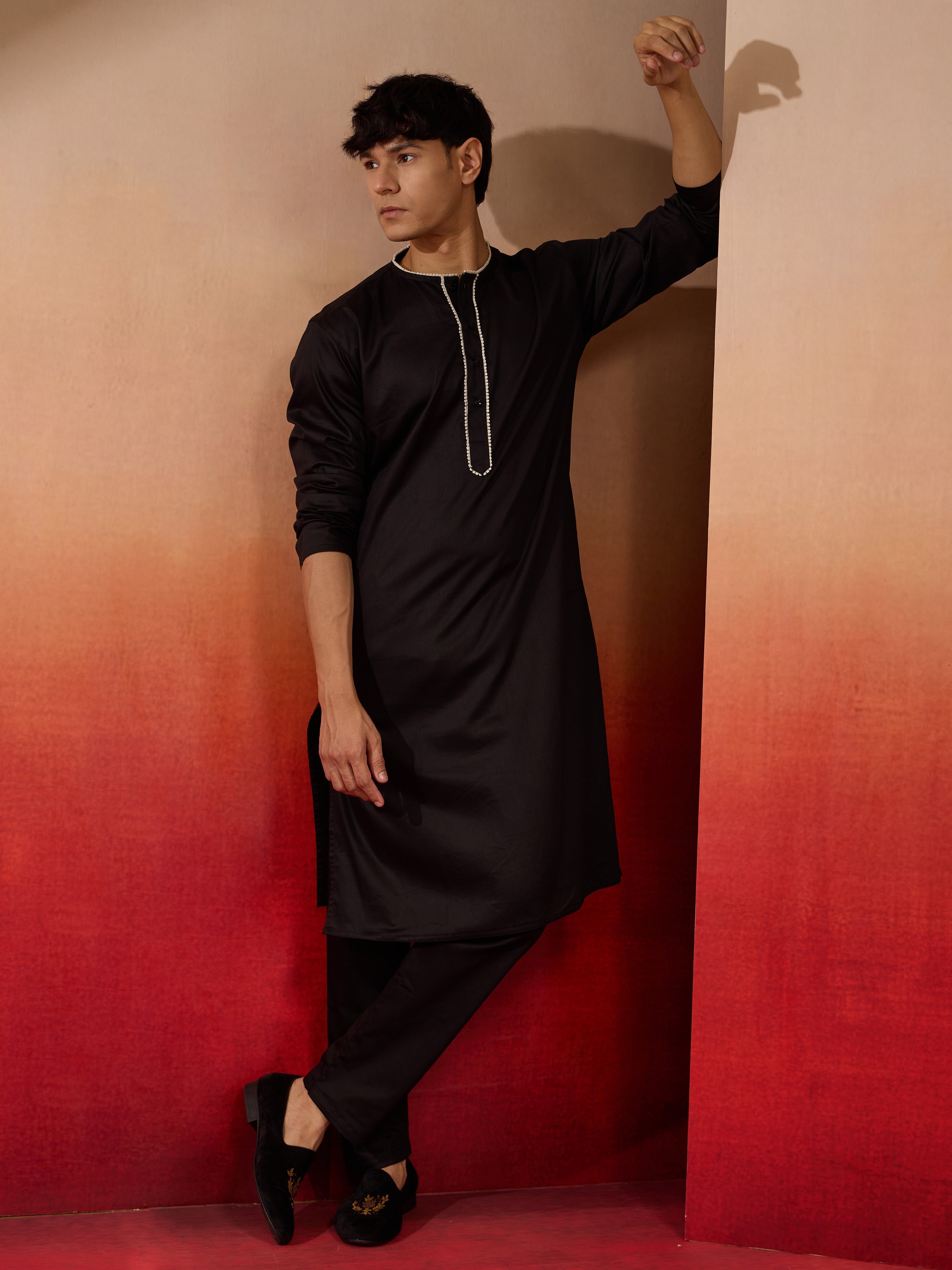Men's Black Cotton Millennium Kurta Lace Detail