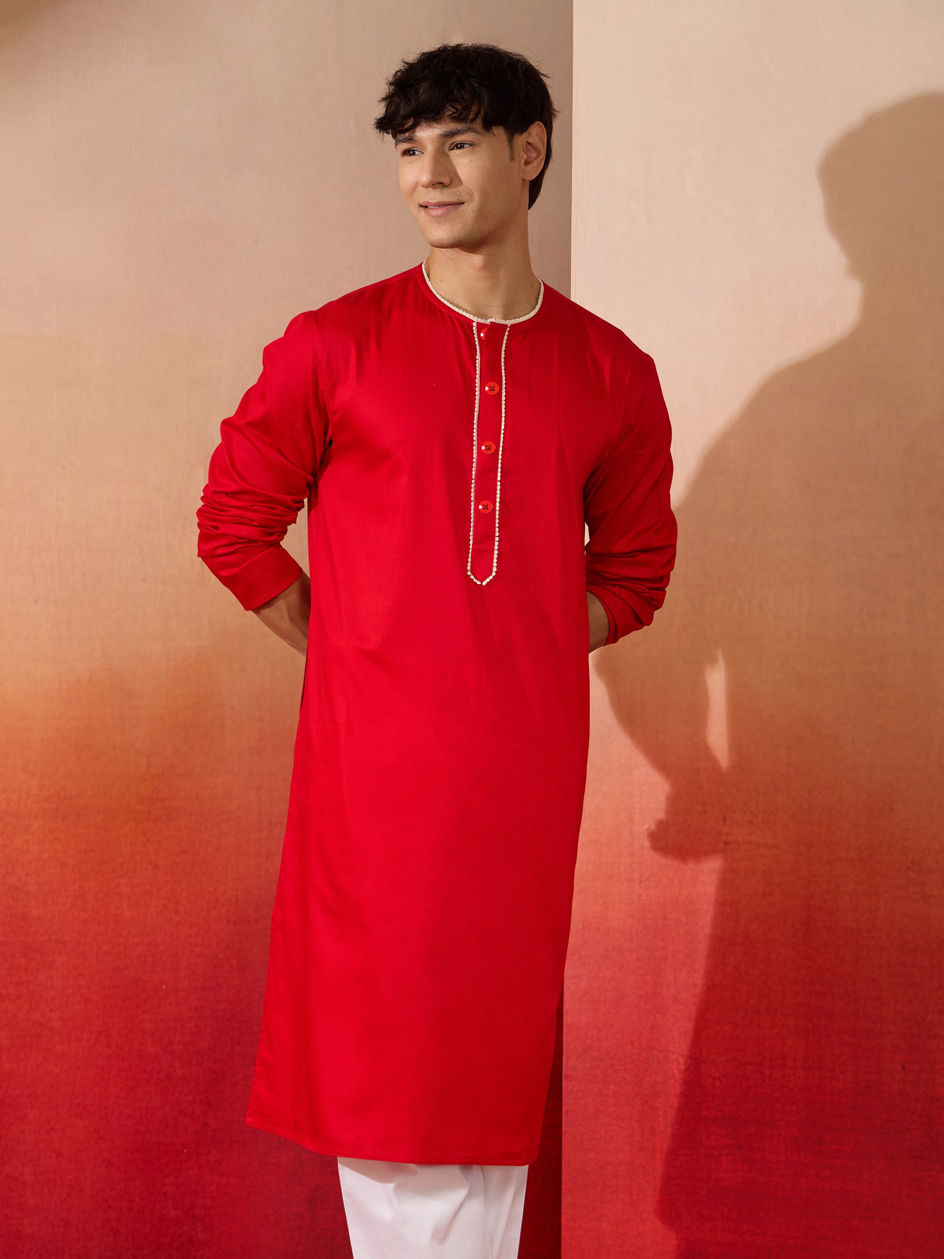 Mens Red Cotton Millennium Kurta Lace Detail