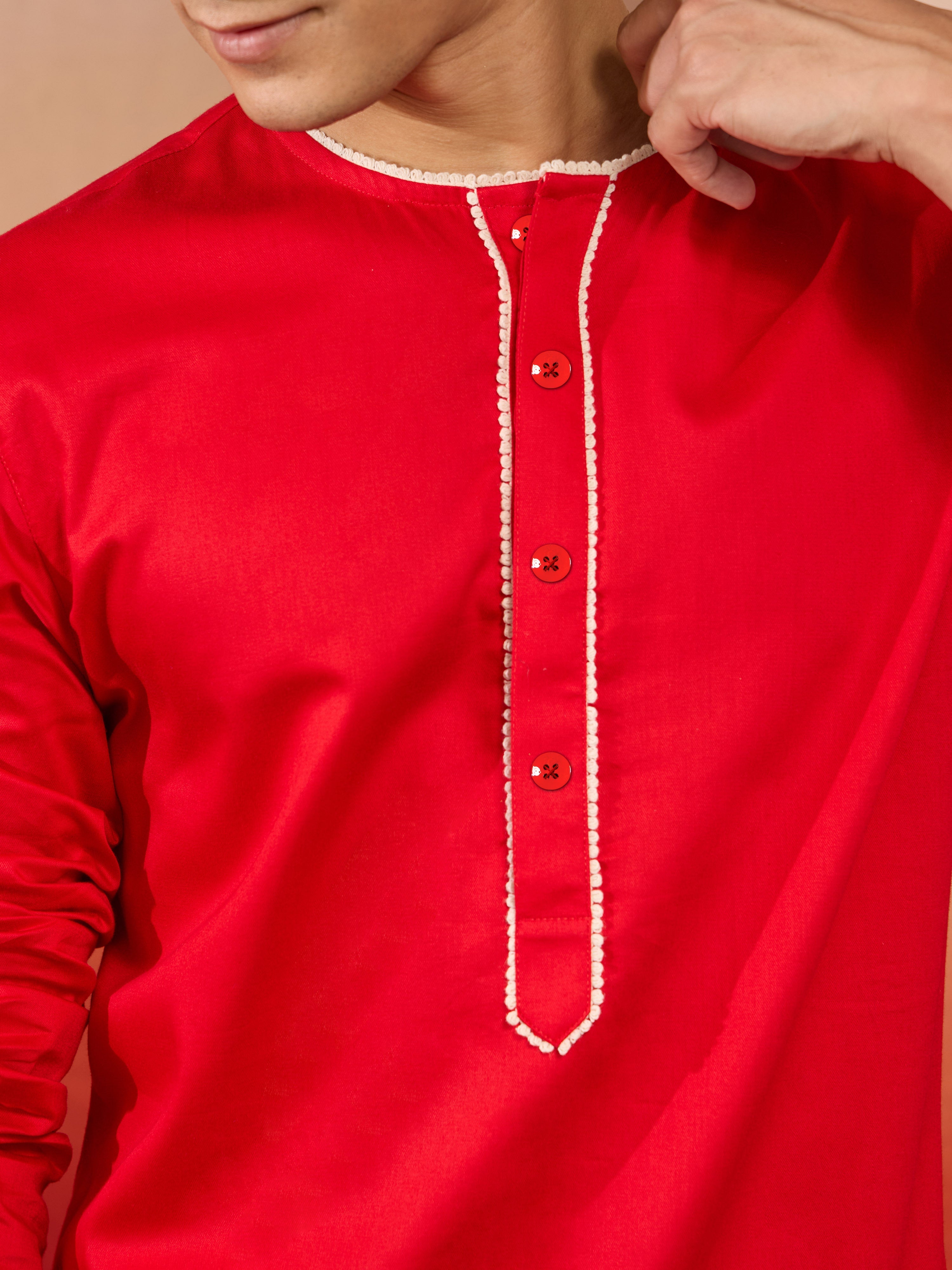 Mens Red Cotton Millennium Kurta Lace Detail