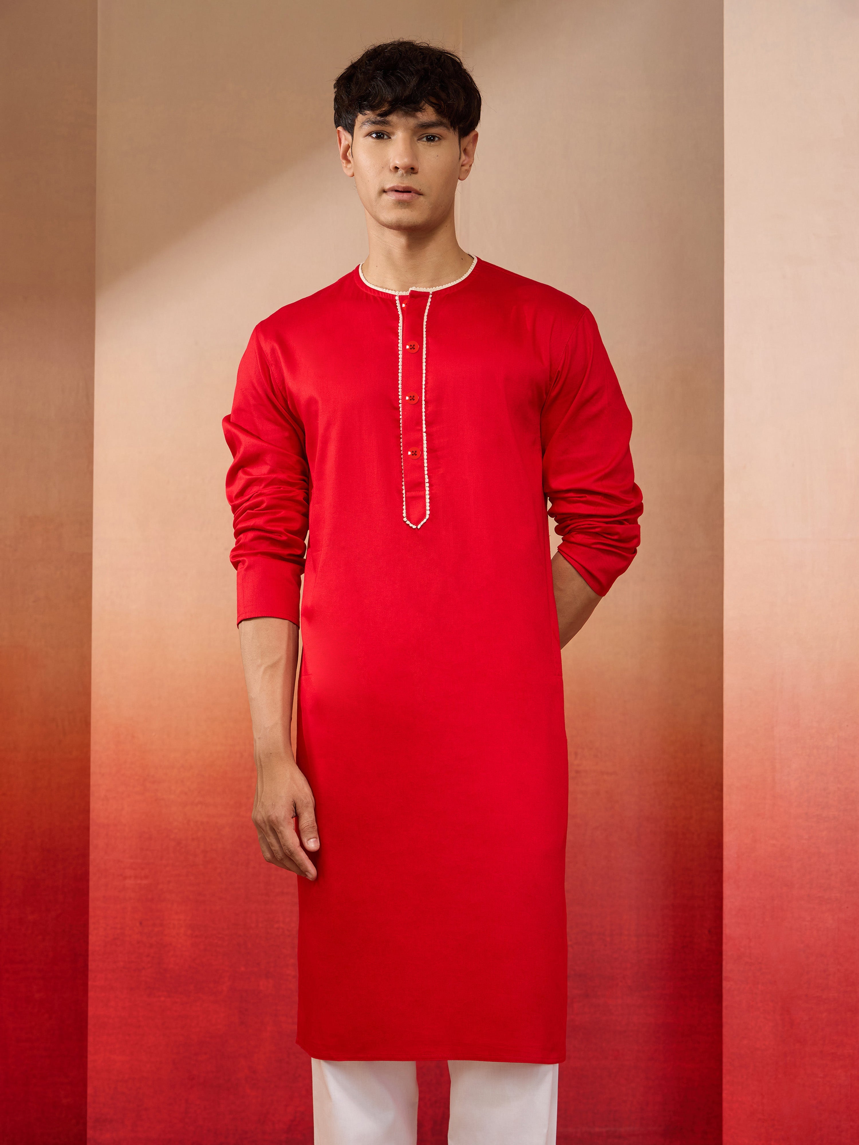Mens Red Cotton Millennium Kurta Lace Detail