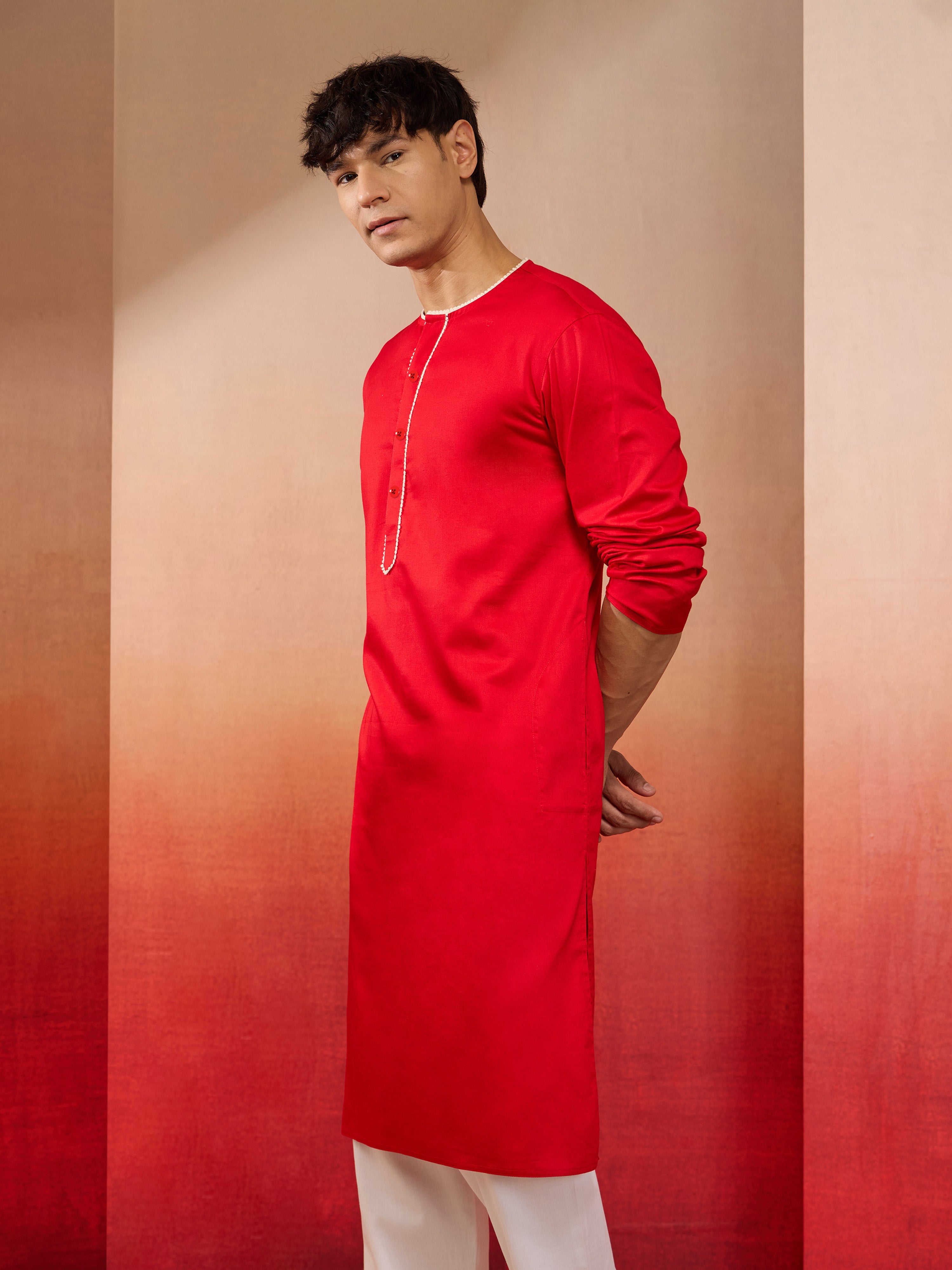 Mens Red Cotton Millennium Kurta Lace Detail