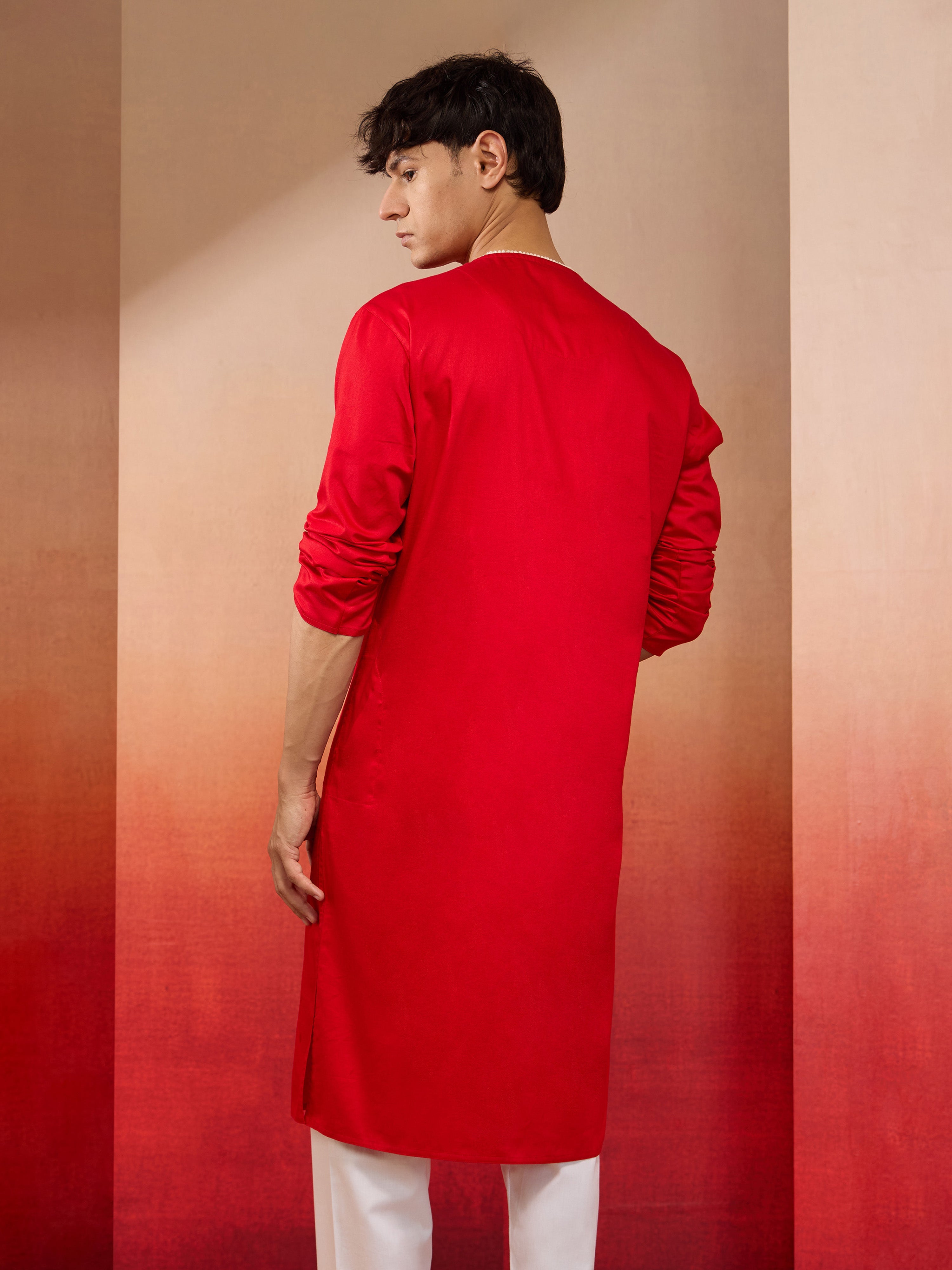 Mens Red Cotton Millennium Kurta Lace Detail
