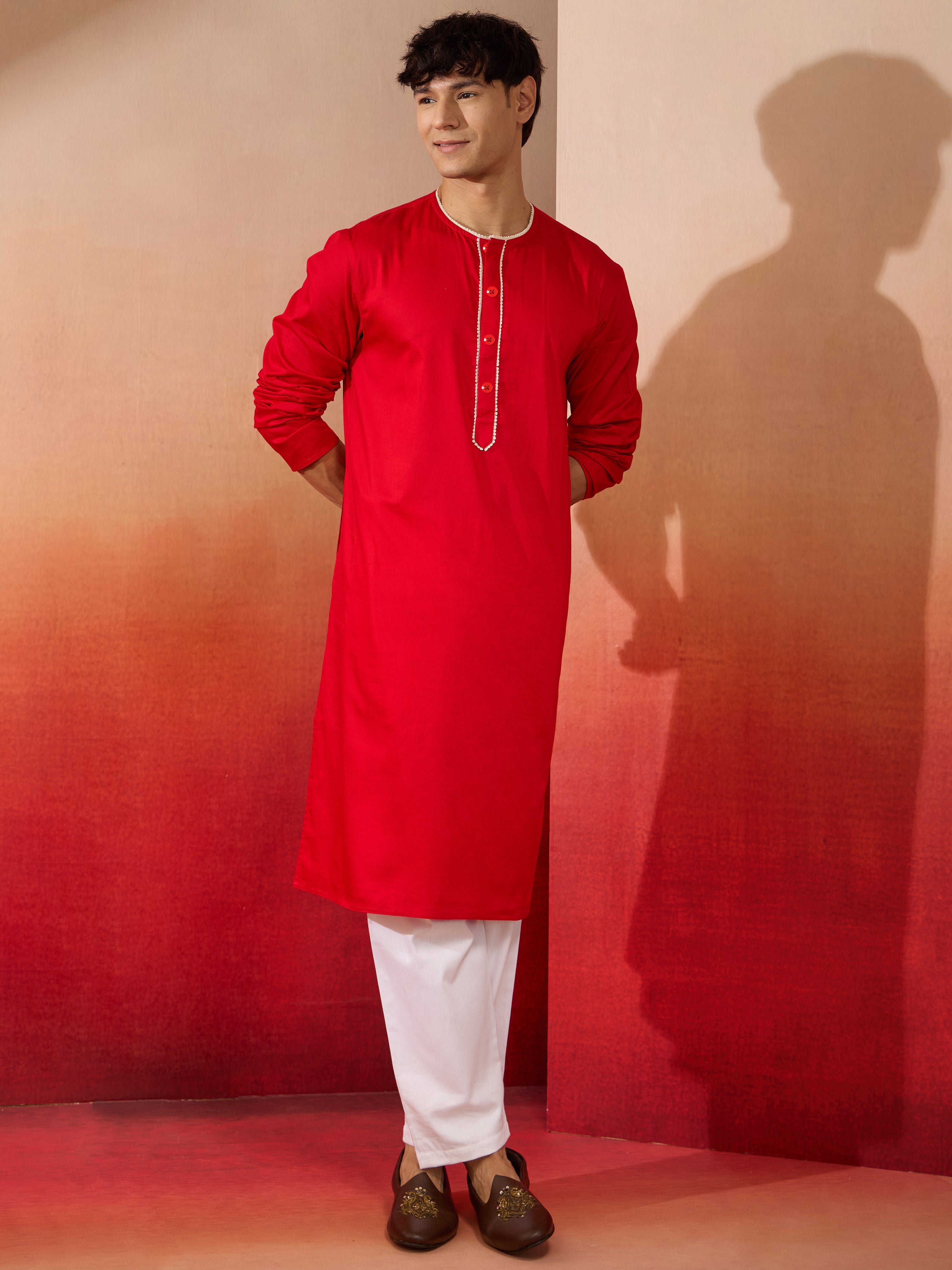 Mens Red Cotton Millennium Kurta Lace Detail