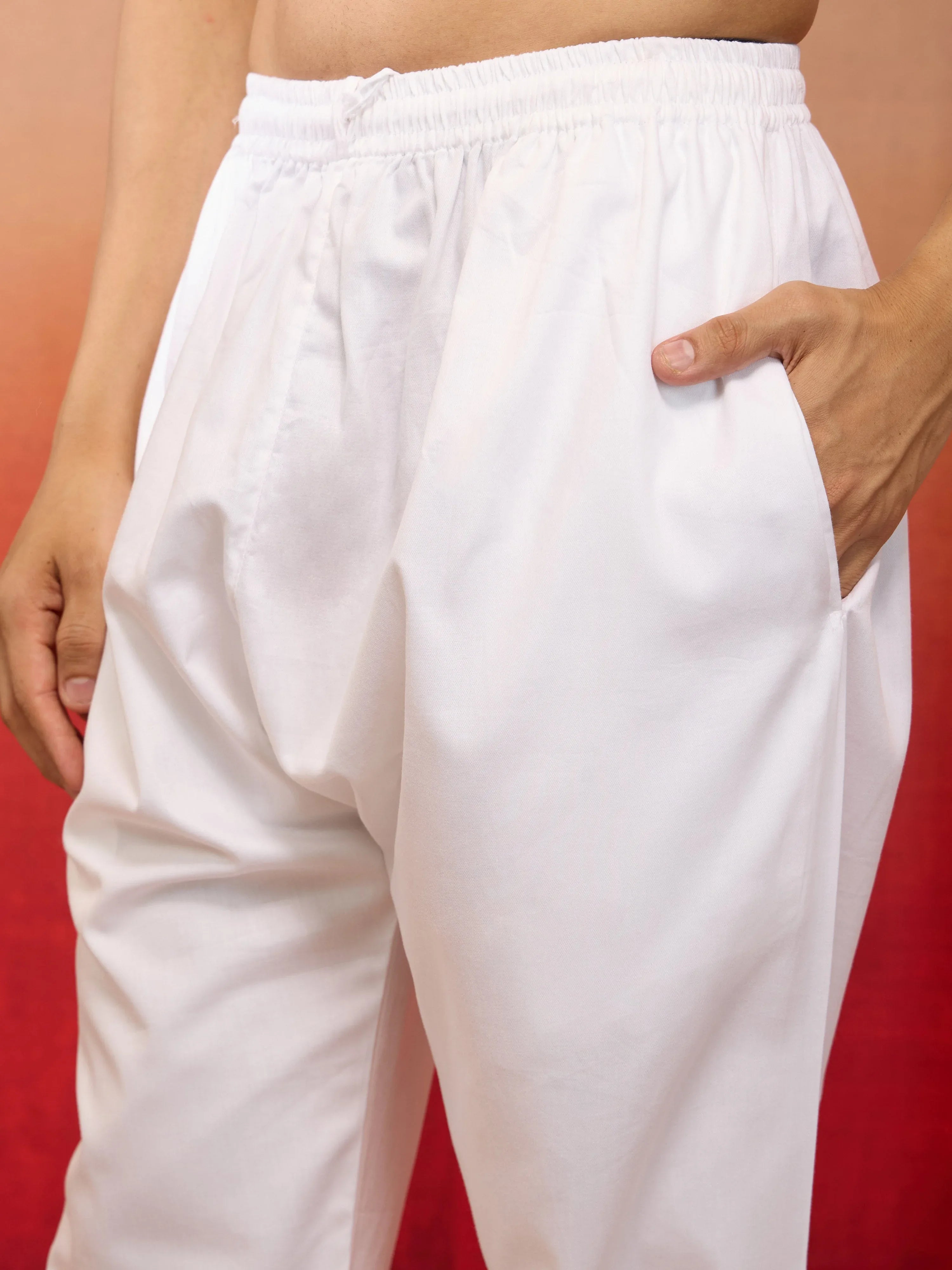 Mens Red Cotton Kurta White Pyjama Set