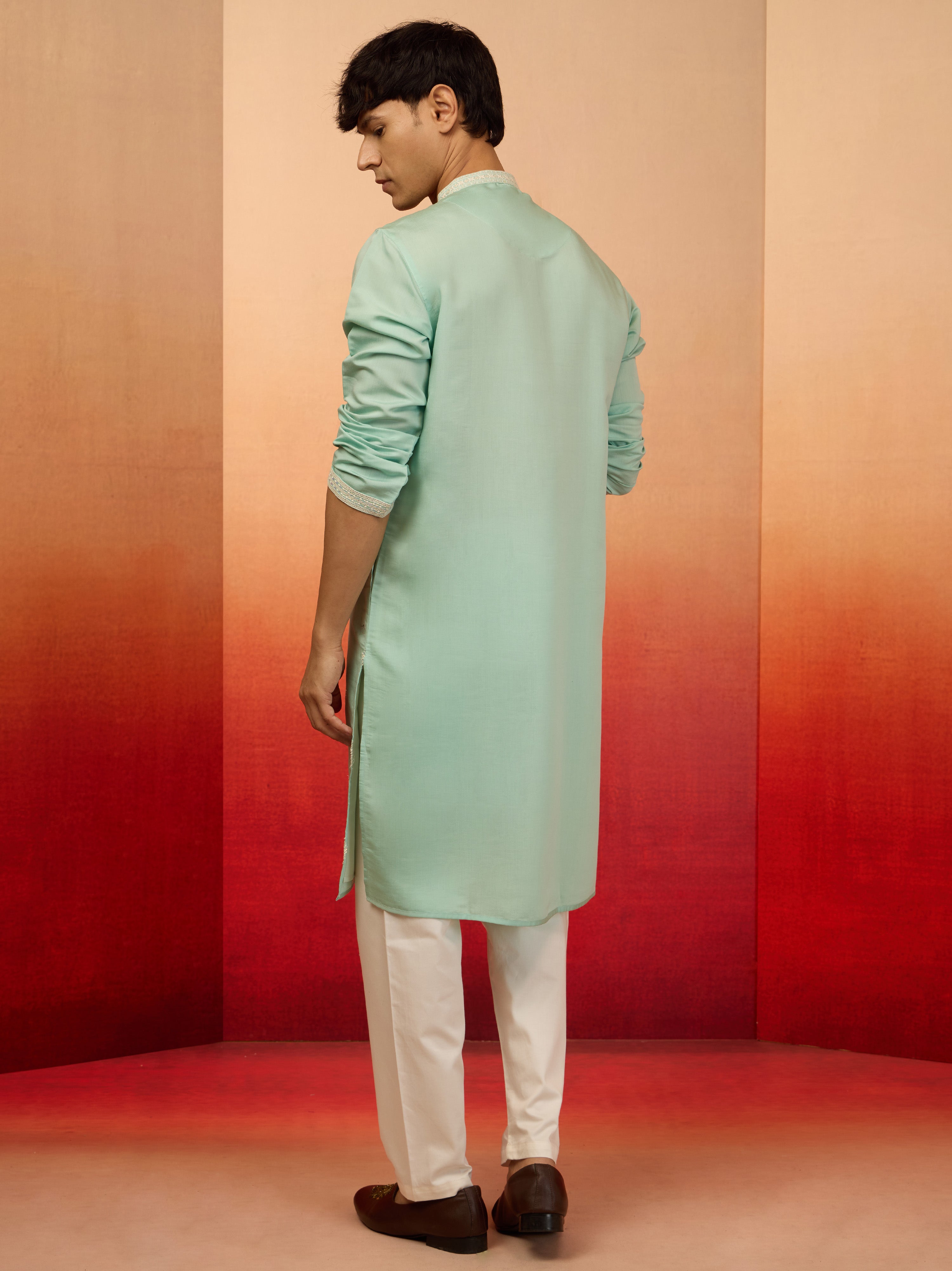 Men's Mint Green Silk Blend Embroidered Kurta with Cream Pyjama