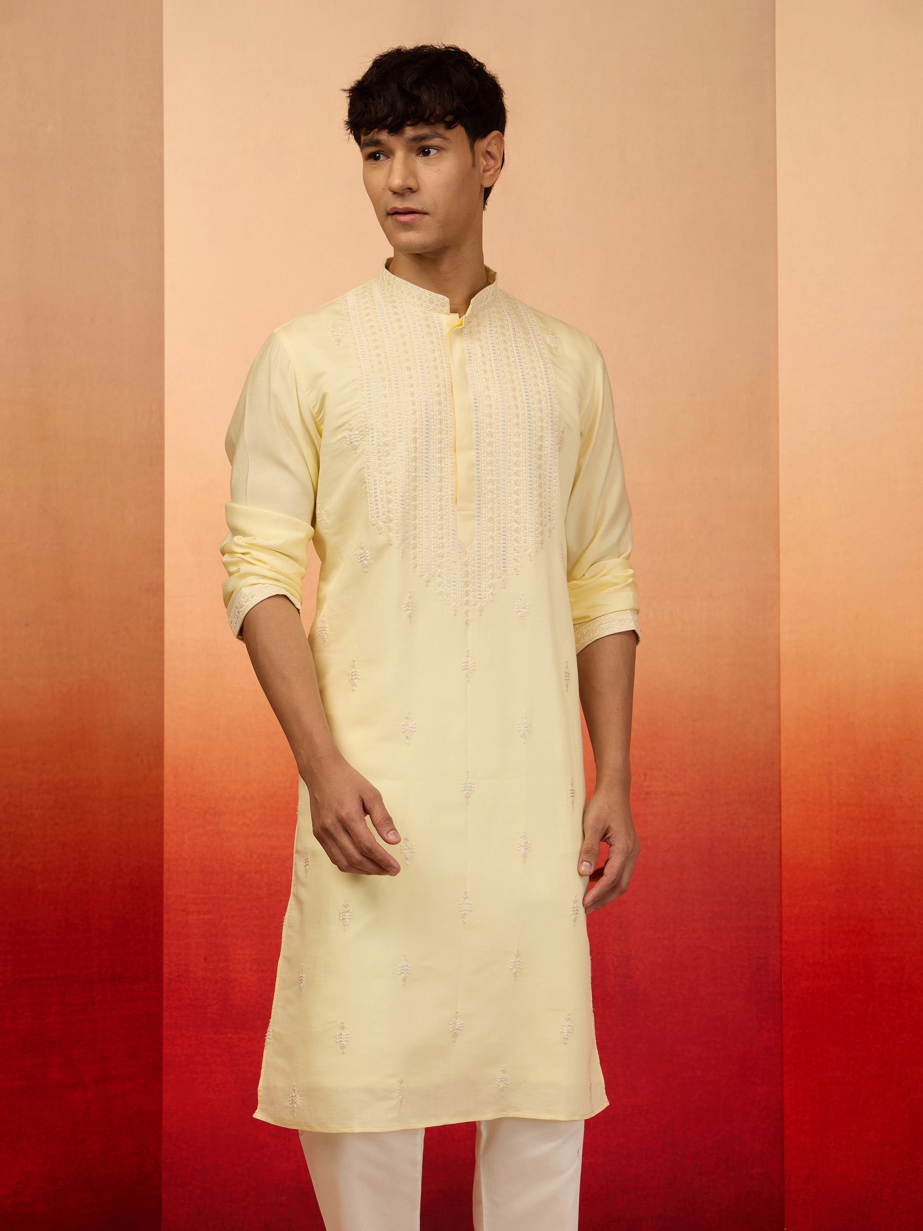 Men's Yellow Embroidered Silk Kurta